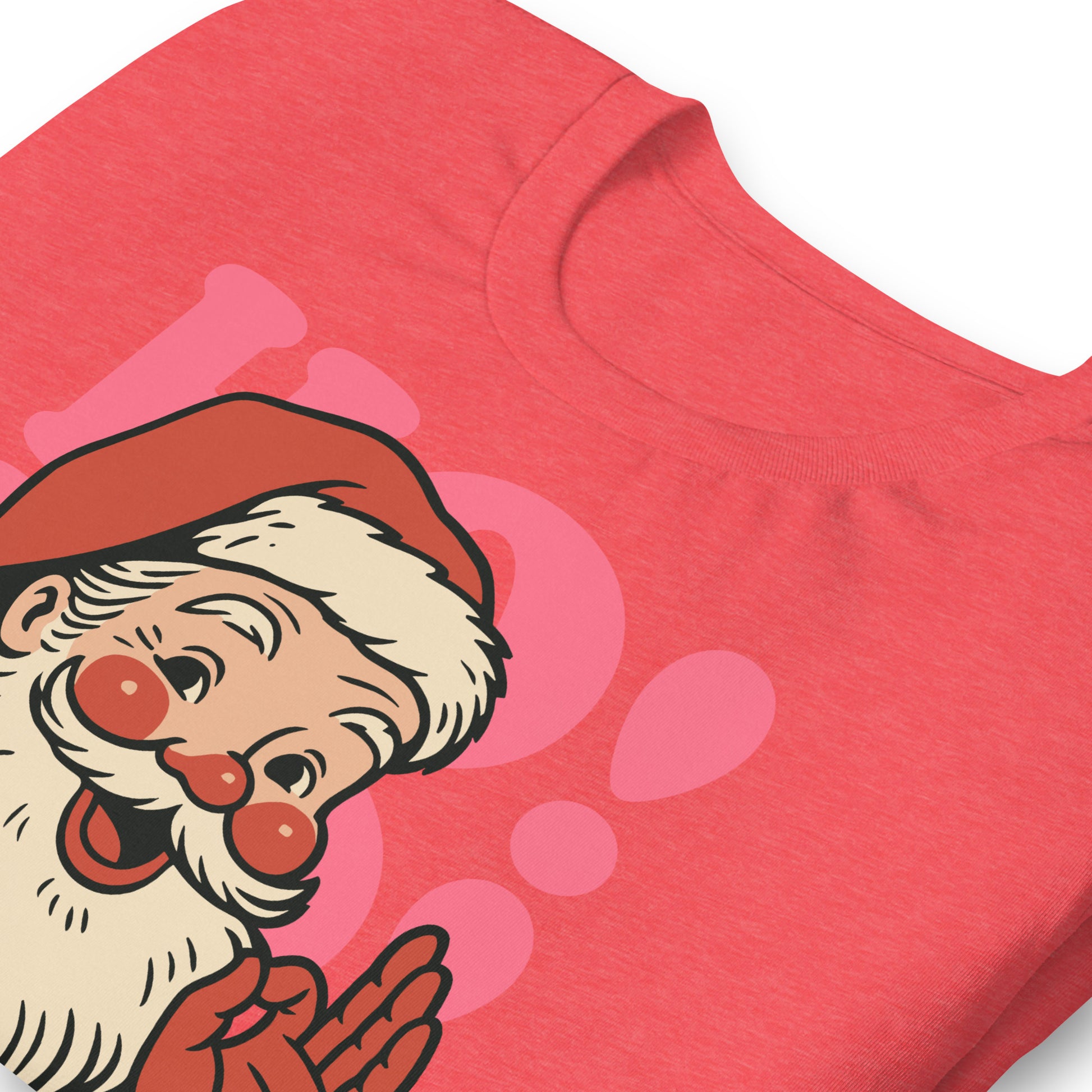 Close-up of the vintage Santa face and pink retro shapes on a heather red t-shirt, showing detailed print texture.