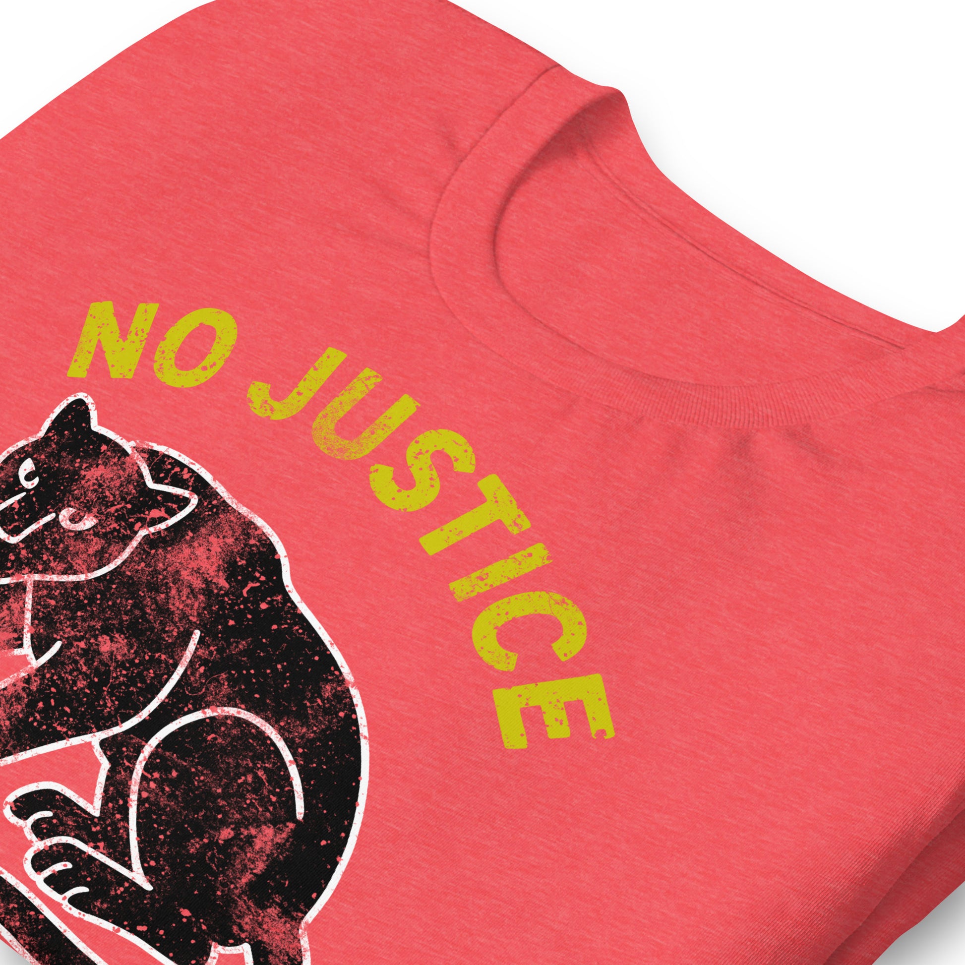 Close-up of red unisex t-shirt showing “NO JUSTICE NO PEACE” and textured panther artwork. Progressive graphic tee with bold activist messaging.