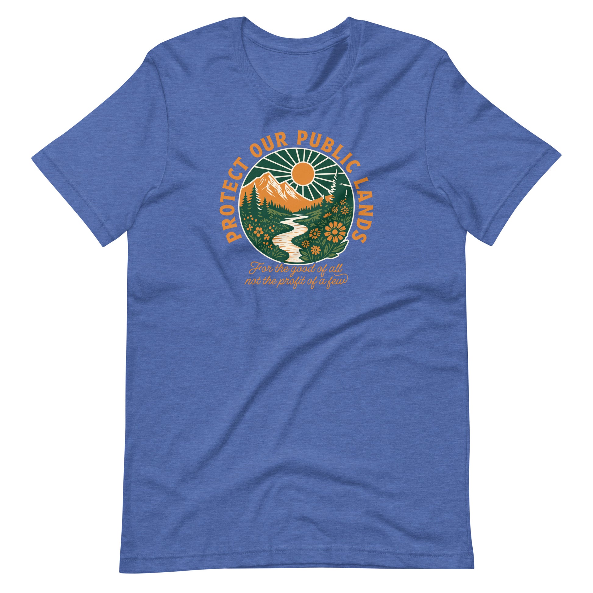 Heather Blue unisex t-shirt displaying retro-inspired public lands artwork with a winding river, mountain landscape, and conservation-focused message.