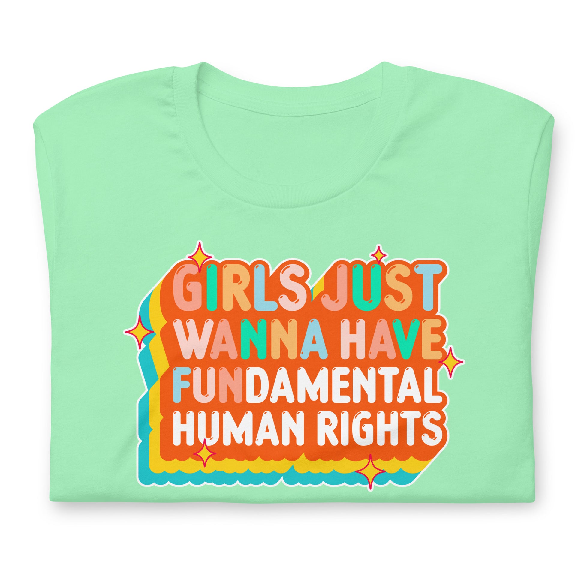 Mint green unisex t-shirt featuring retro-style orange typography and wavy teal accents. Playful vintage feminist statement piece.