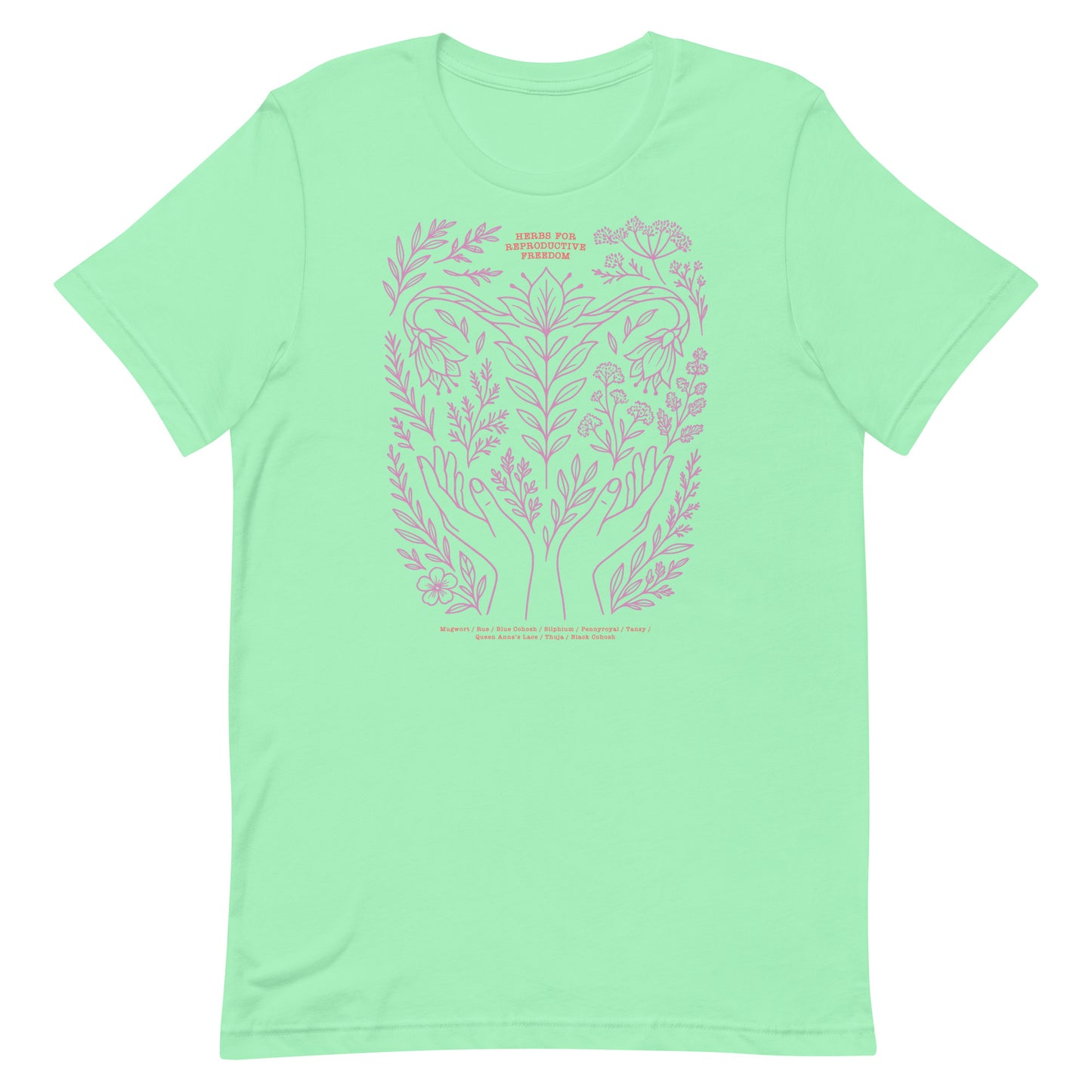 Mint green t-shirt with lavender design listing traditional reproductive herbs including mugwort, rue, and black cohosh.