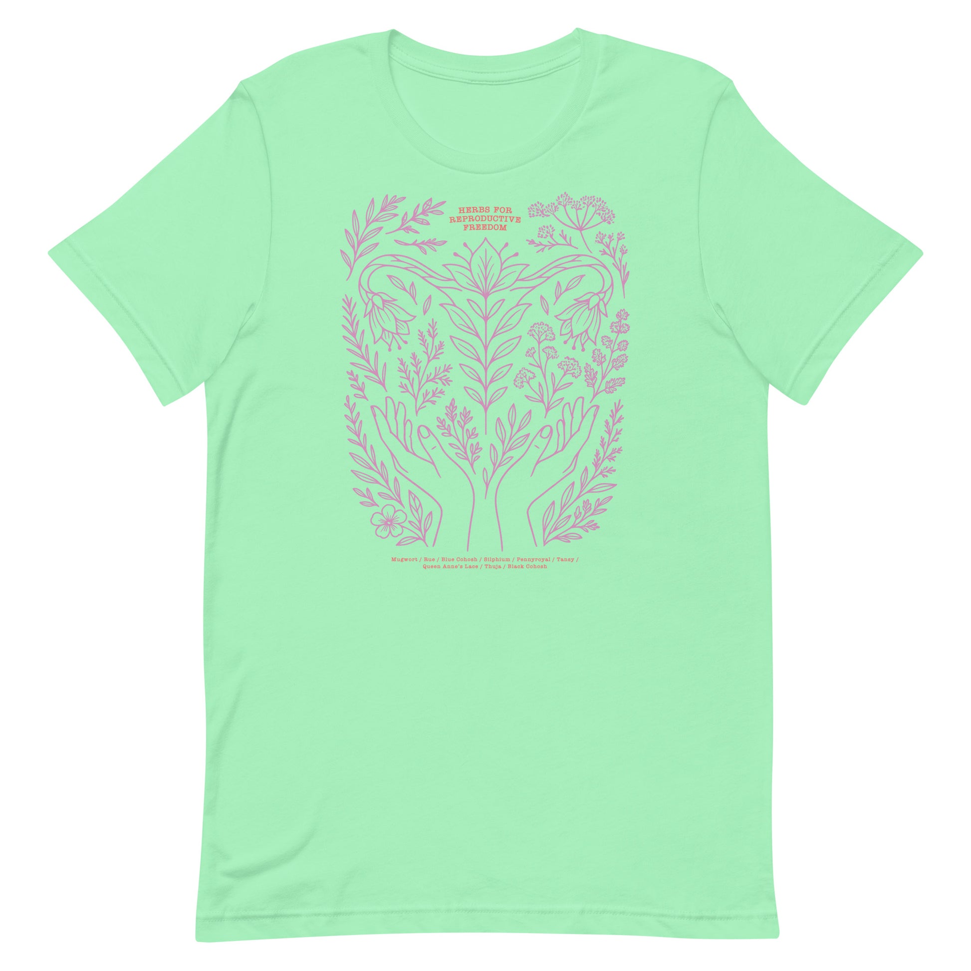 Mint green t-shirt with lavender design listing traditional reproductive herbs including mugwort, rue, and black cohosh.