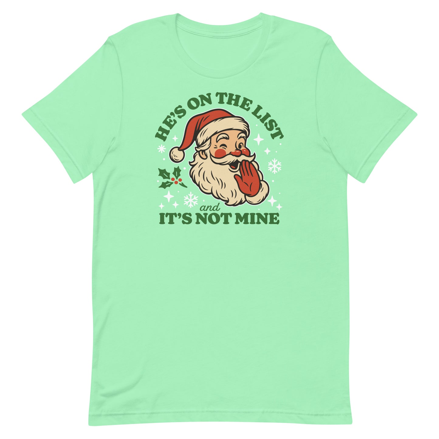Soft mint green t-shirt with the Santa print and winter snowflake accents.