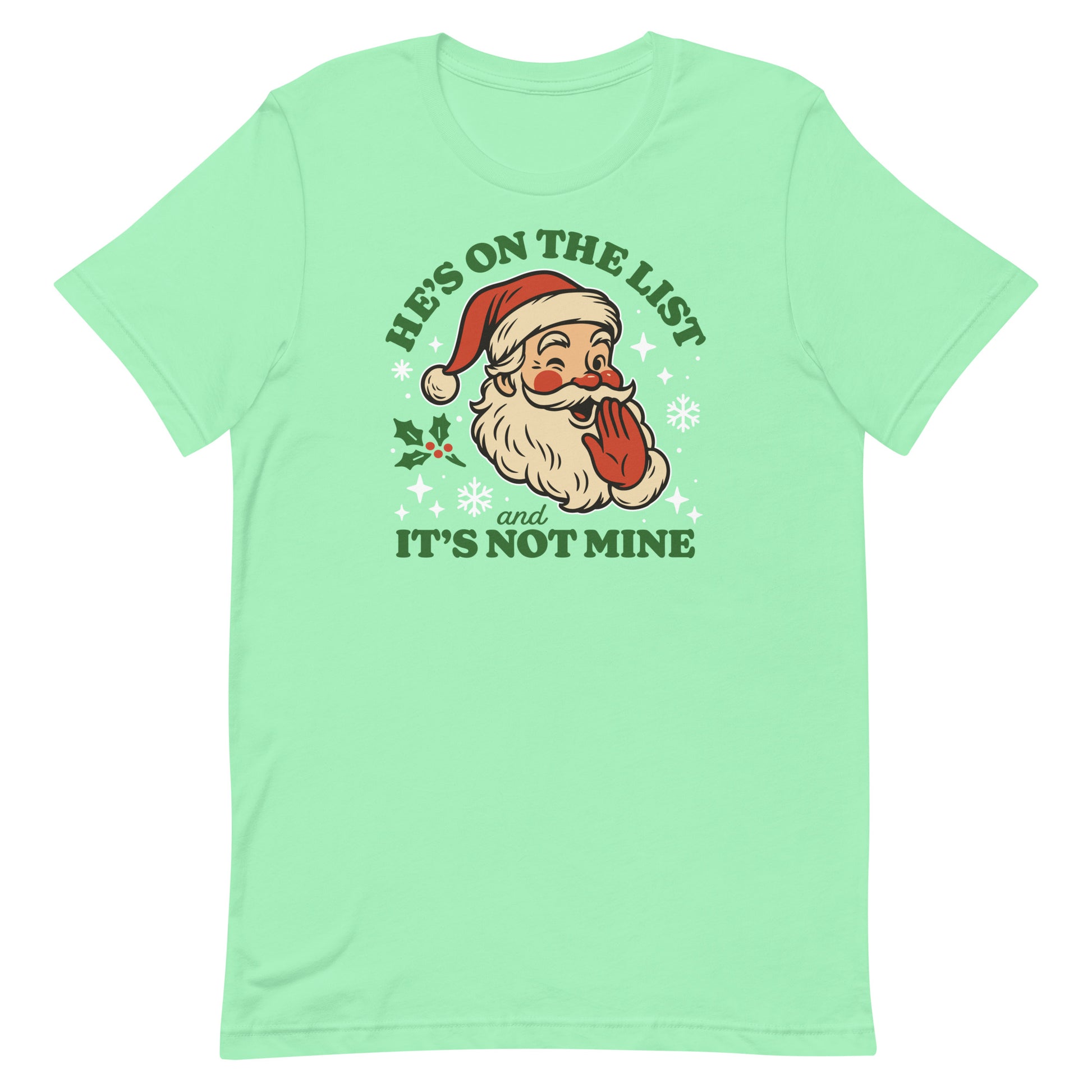 Soft mint green t-shirt with the Santa print and winter snowflake accents.