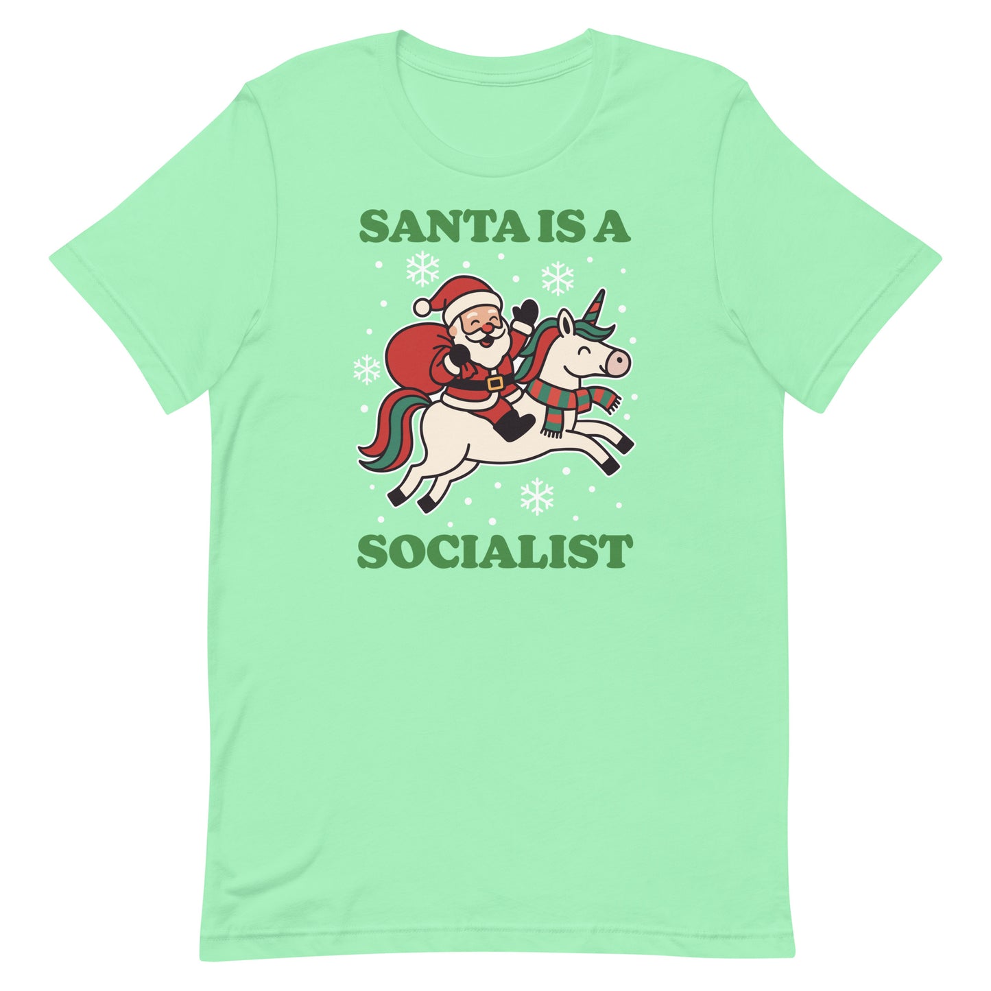 Mint t-shirt displaying a vintage Santa riding a unicorn illustration and holiday stars, with the printed message “SANTA IS A SOCIALIST.”