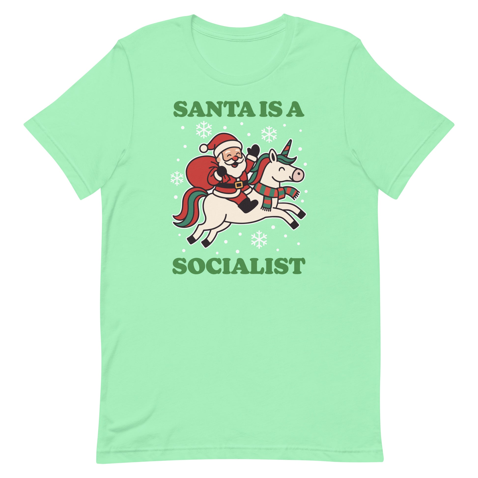Mint t-shirt displaying a vintage Santa riding a unicorn illustration and holiday stars, with the printed message “SANTA IS A SOCIALIST.”