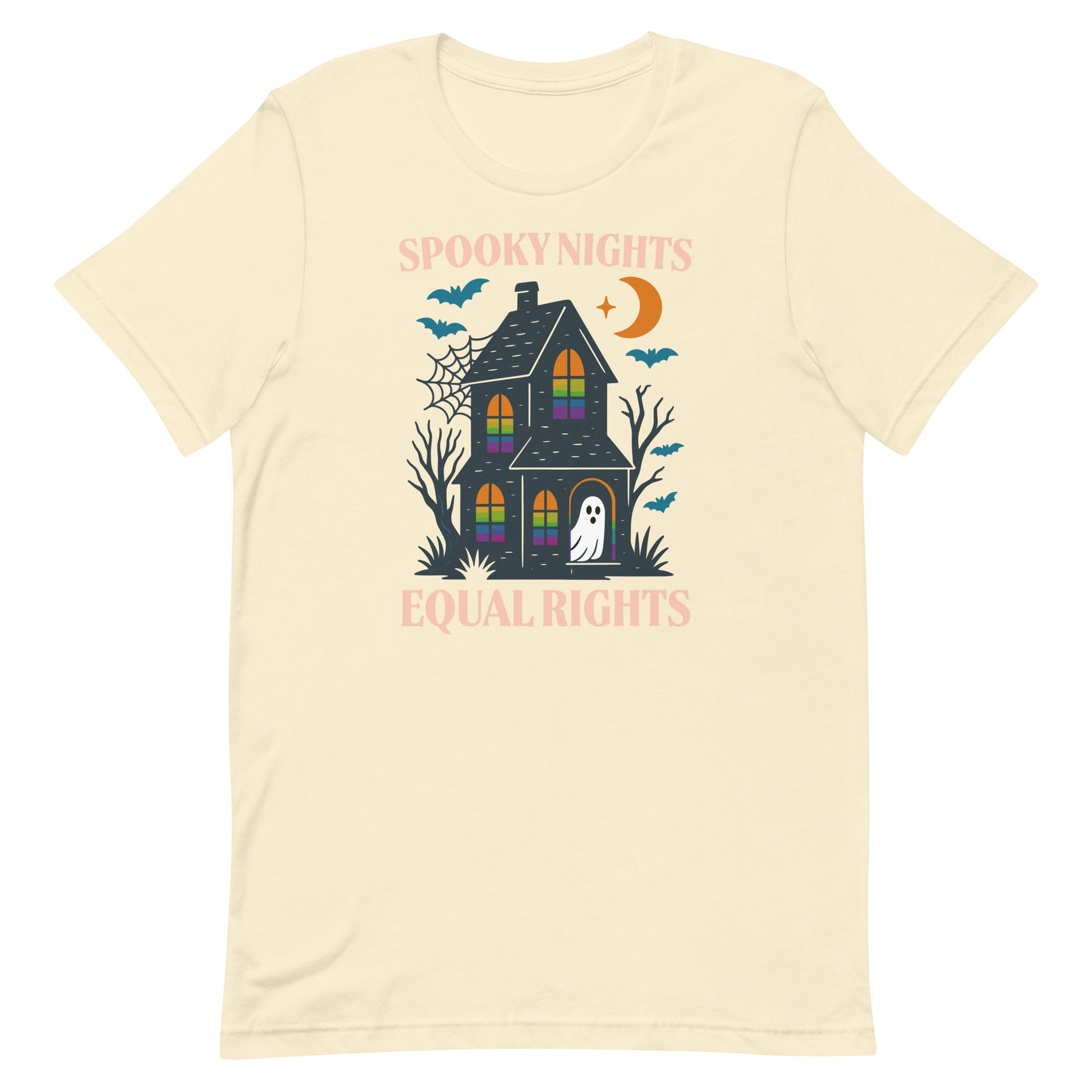 Cream “Spooky Nights Equal Rights” unisex activist t-shirt with spooky haunted house artwork, sold by Blue Wave USA progressive products.