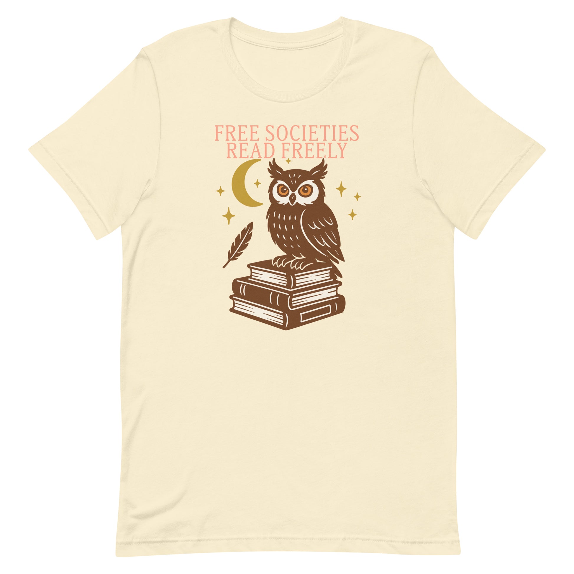 Natural cream “Free Societies Read Freely” owl on books graphic t-shirt, Blue Wave USA clothing for readers and activists.