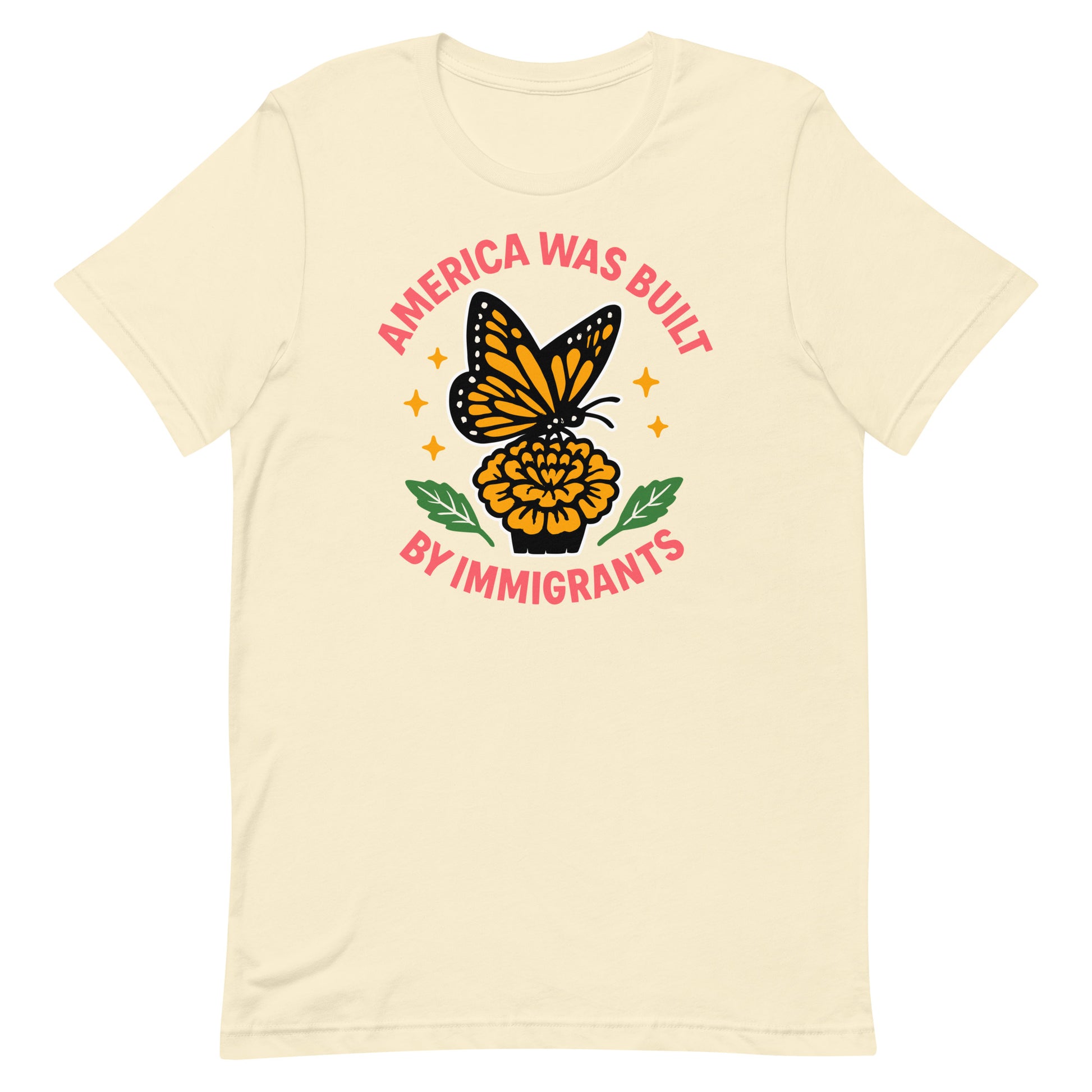 Cream “America Was Built by Immigrants” butterfly shirt, vintage-style progressive T-shirt for social justice supporters.