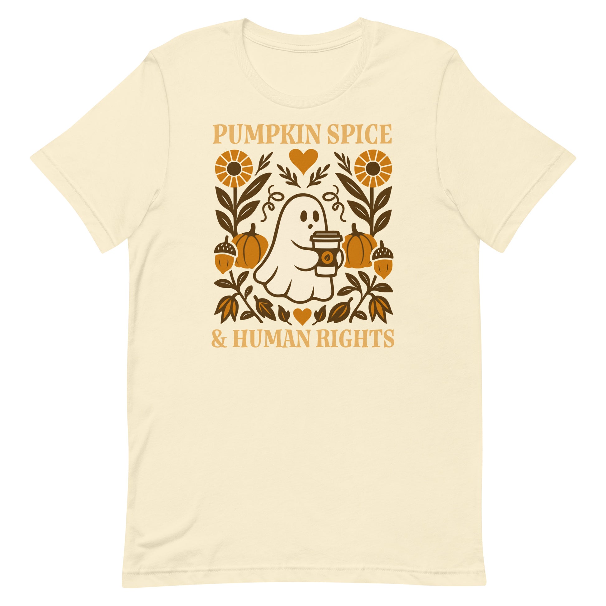 Natural cream “Pumpkin Spice & Human Rights” equality shirt, Blue Wave USA fall activist apparel.