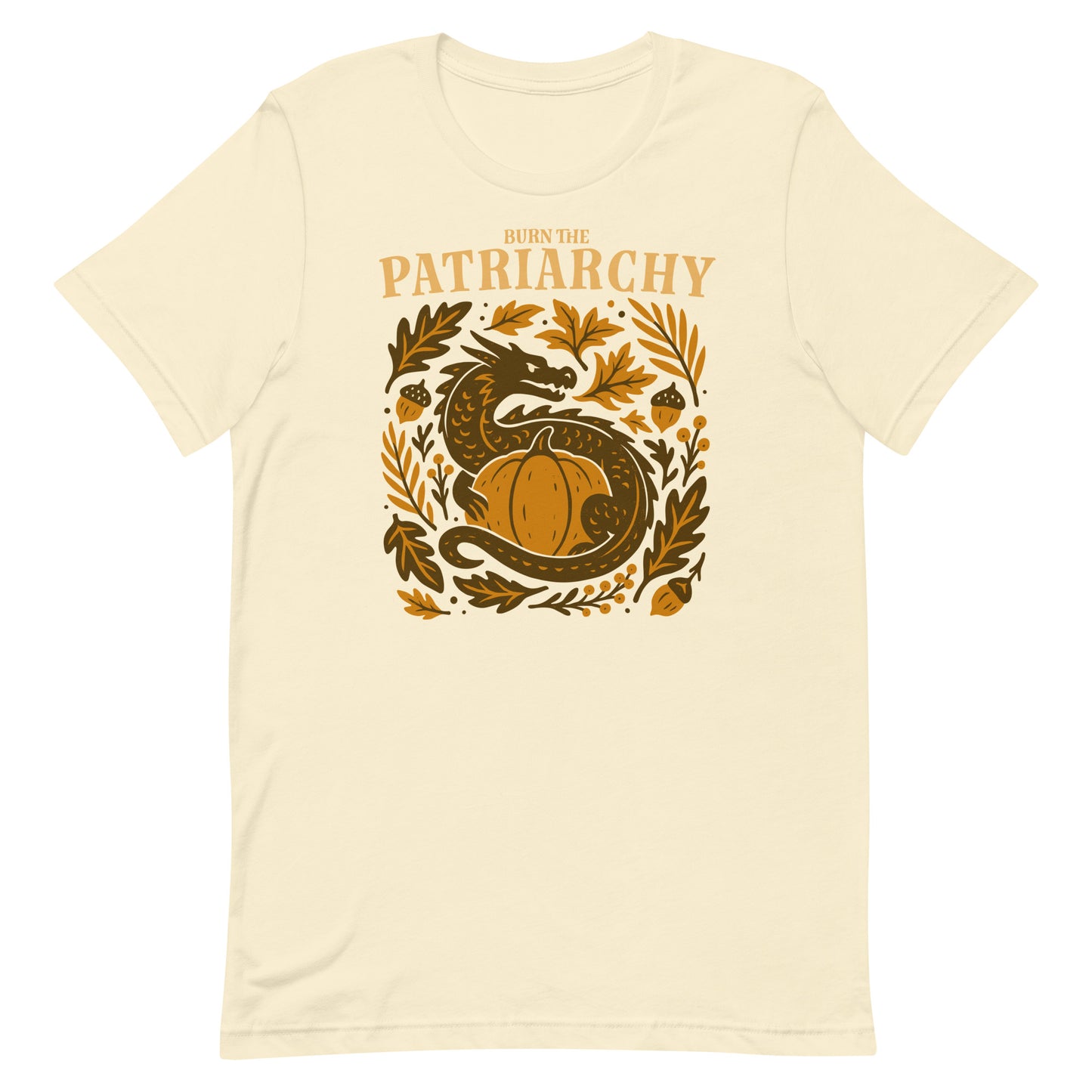 Cream “Burn the Patriarchy” feminist dragon t-shirt with golden pumpkin and acorns, Blue Wave USA progressive fall wear.