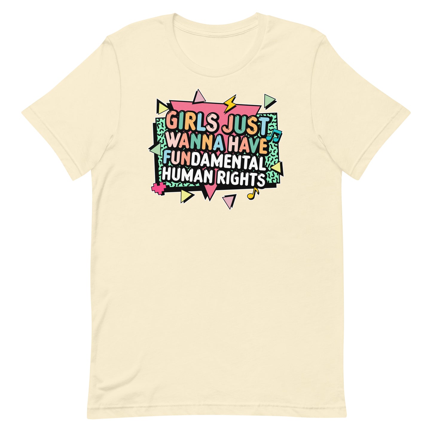 Cream-colored women’s rights tee featuring multicolor retro text and lightning bolt accents. Feminist apparel by Blue Wave USA.