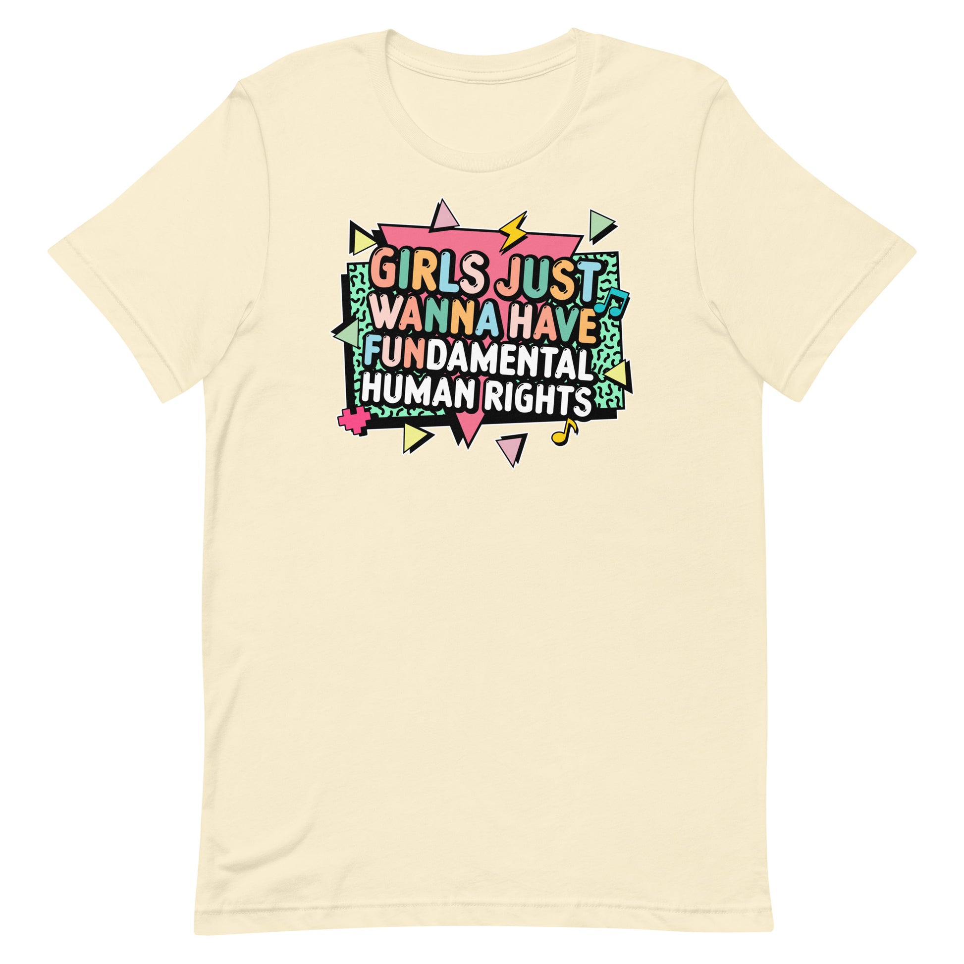 Cream-colored women’s rights tee featuring multicolor retro text and lightning bolt accents. Feminist apparel by Blue Wave USA.