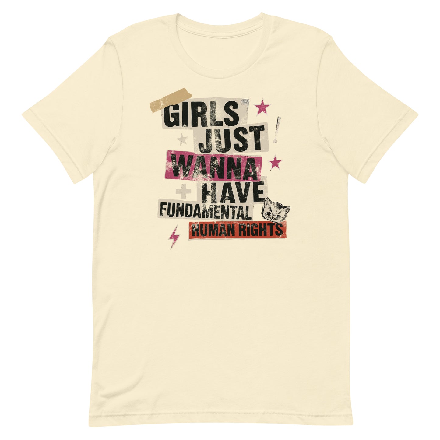 Cream t-shirt with layered typography and star graphics. 80s punk collage-inspired feminist tee promoting equality and expression.