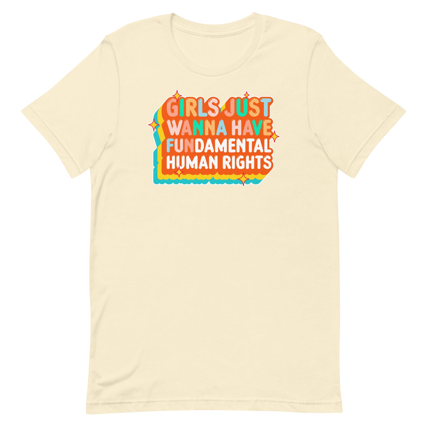 Cream unisex t-shirt with wavy orange lettering and teal trim. Retro-inspired design celebrating women’s equality by Blue Wave USA.