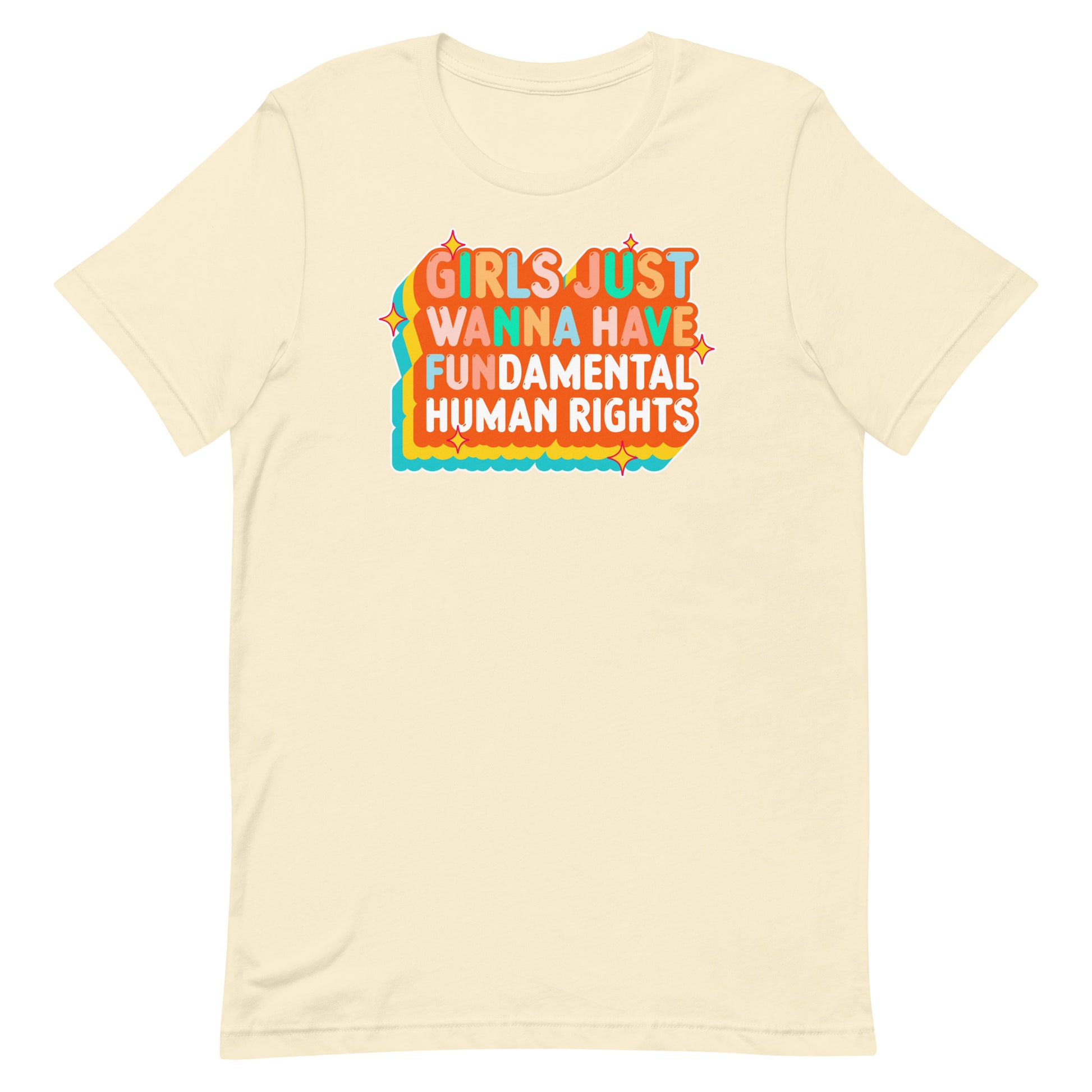 Cream unisex t-shirt with wavy orange lettering and teal trim. Retro-inspired design celebrating women’s equality by Blue Wave USA.