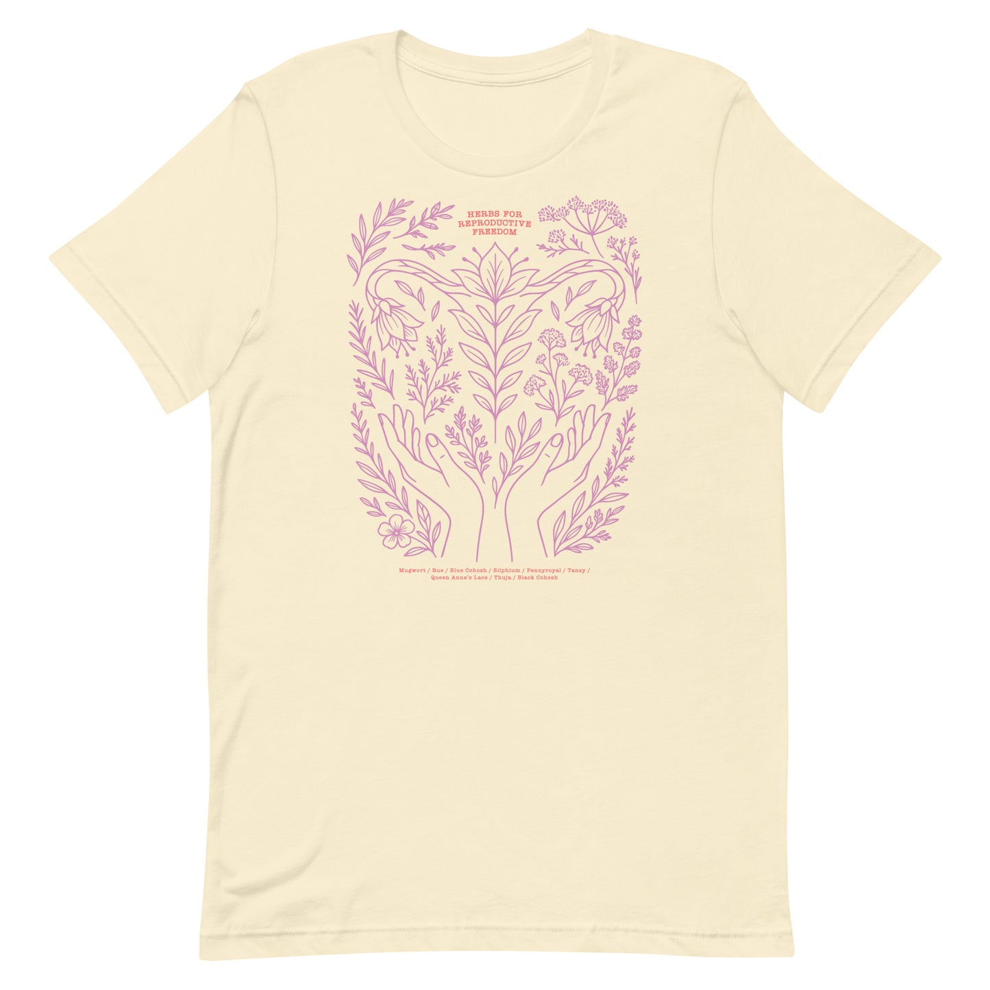 Natural cream feminist t-shirt with pink botanical art and healing herbs design supporting reproductive rights. Created by Blue Wave USA.