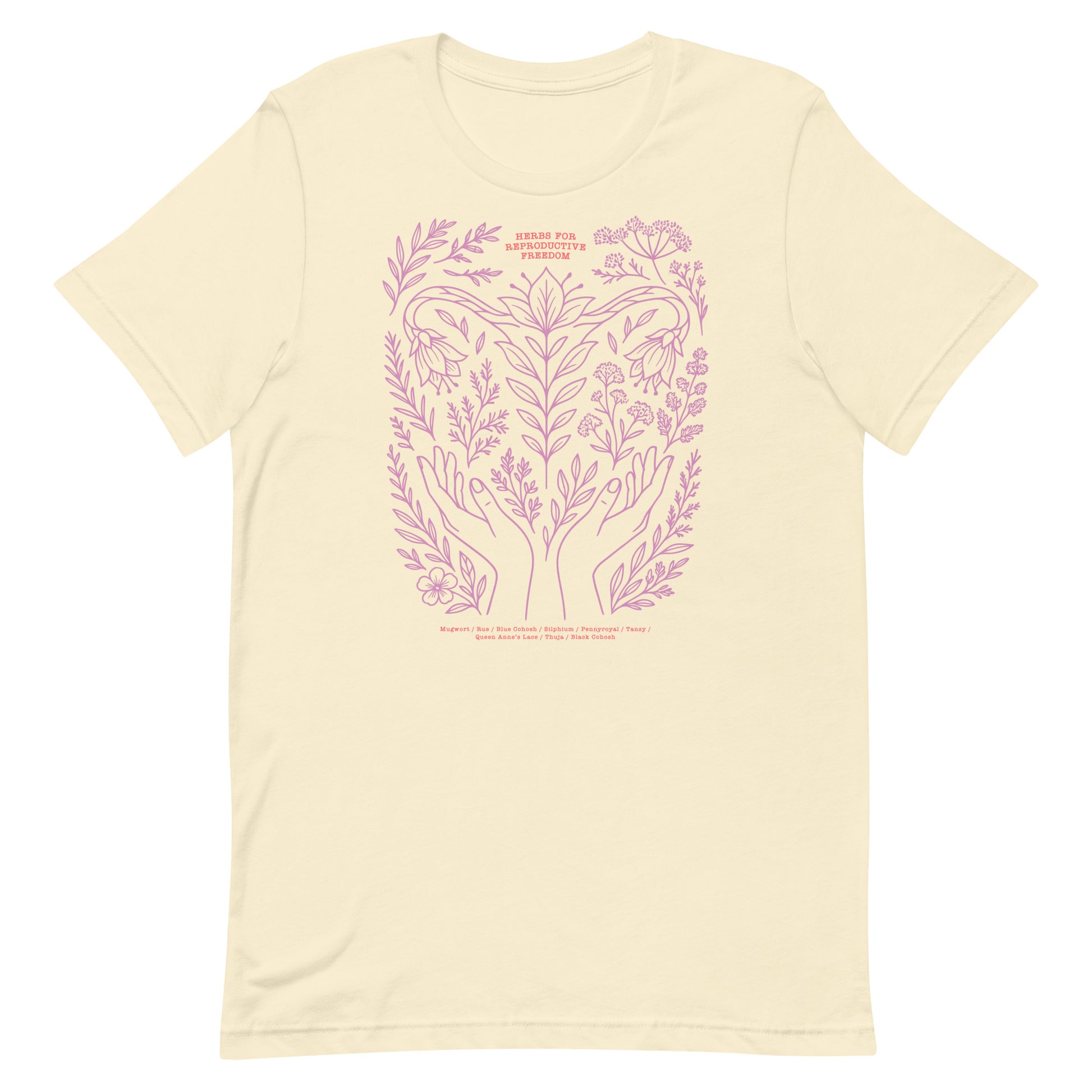 Natural cream feminist t-shirt with pink botanical art and healing herbs design supporting reproductive rights. Created by Blue Wave USA.