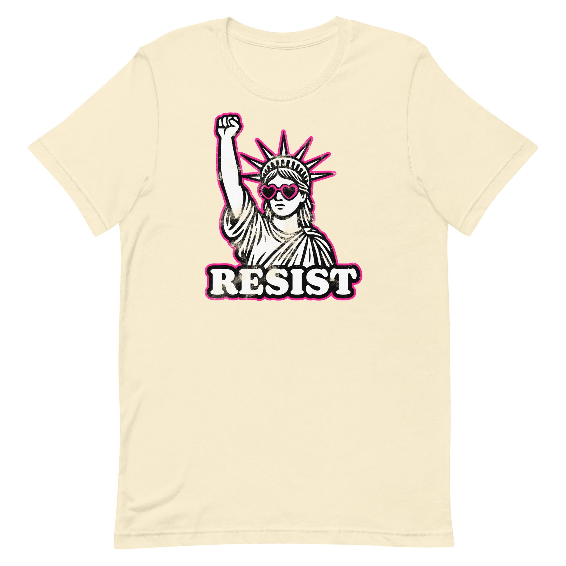 Cream “RESIST” shirt with the raised-fist Lady Liberty design in contrasting black and pink tones.