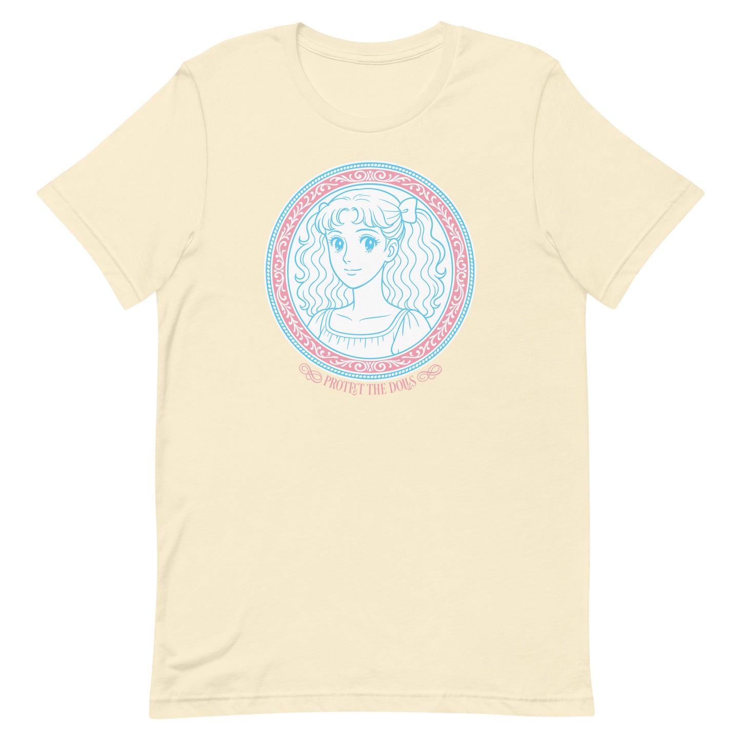 Natural cream version of the “Protect the Dolls” shirt by Blue Wave USA, balancing warmth and empowerment through minimalist feminist art.