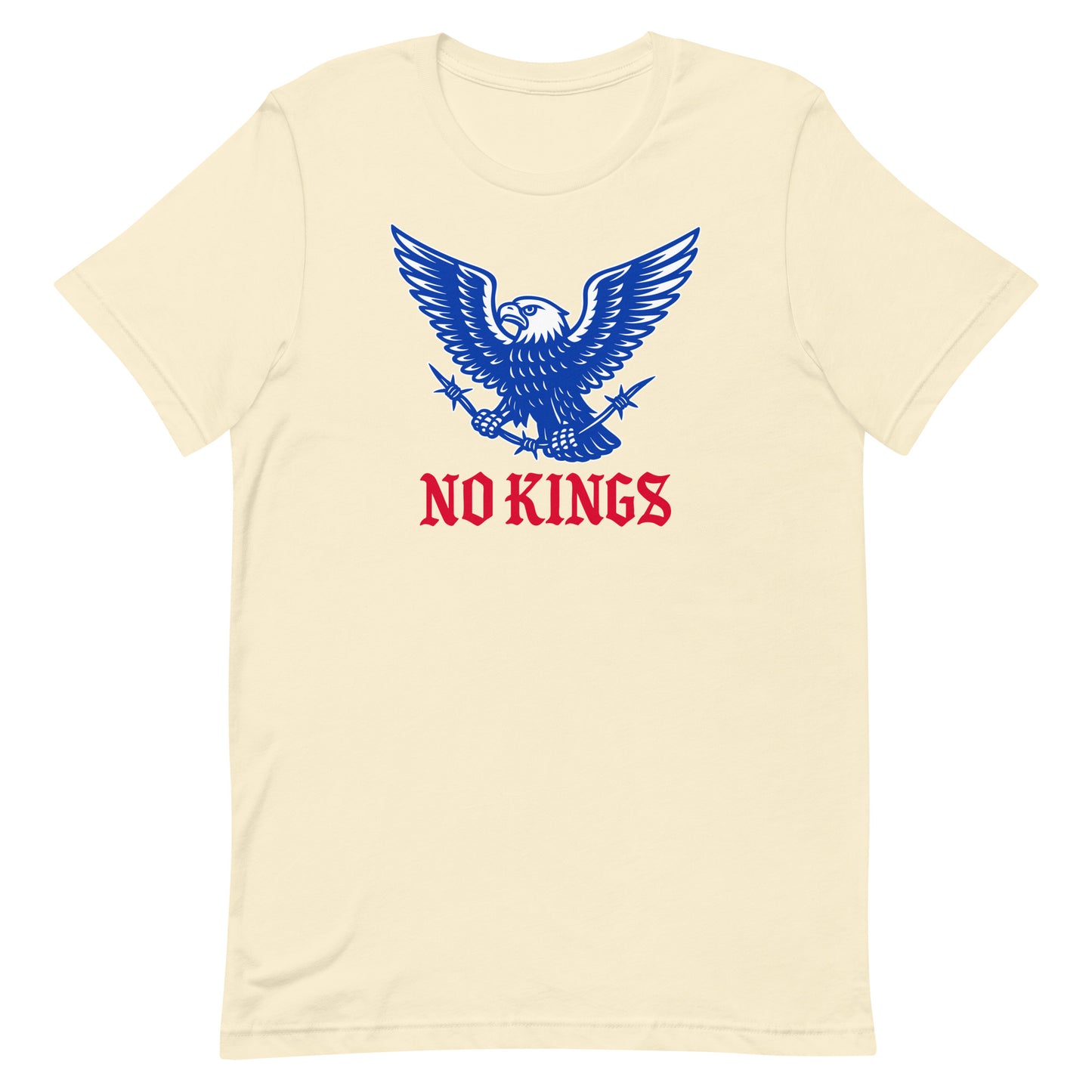 Cream “No Kings” t-shirt featuring the patriotic blue eagle and red lettering — a clean, vintage-inspired design for those who stand against tyranny.