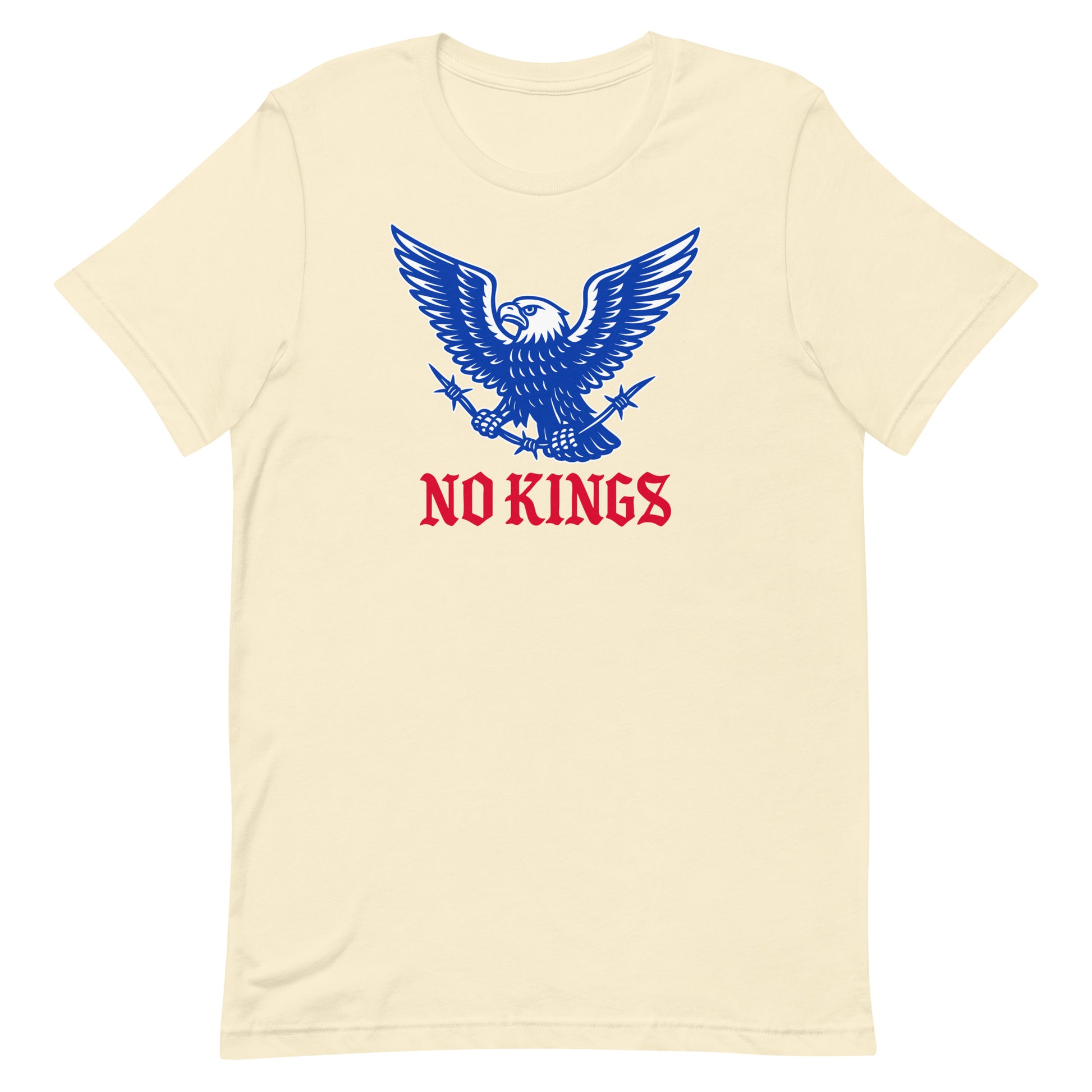 Cream “No Kings” t-shirt featuring the patriotic blue eagle and red lettering — a clean, vintage-inspired design for those who stand against tyranny.