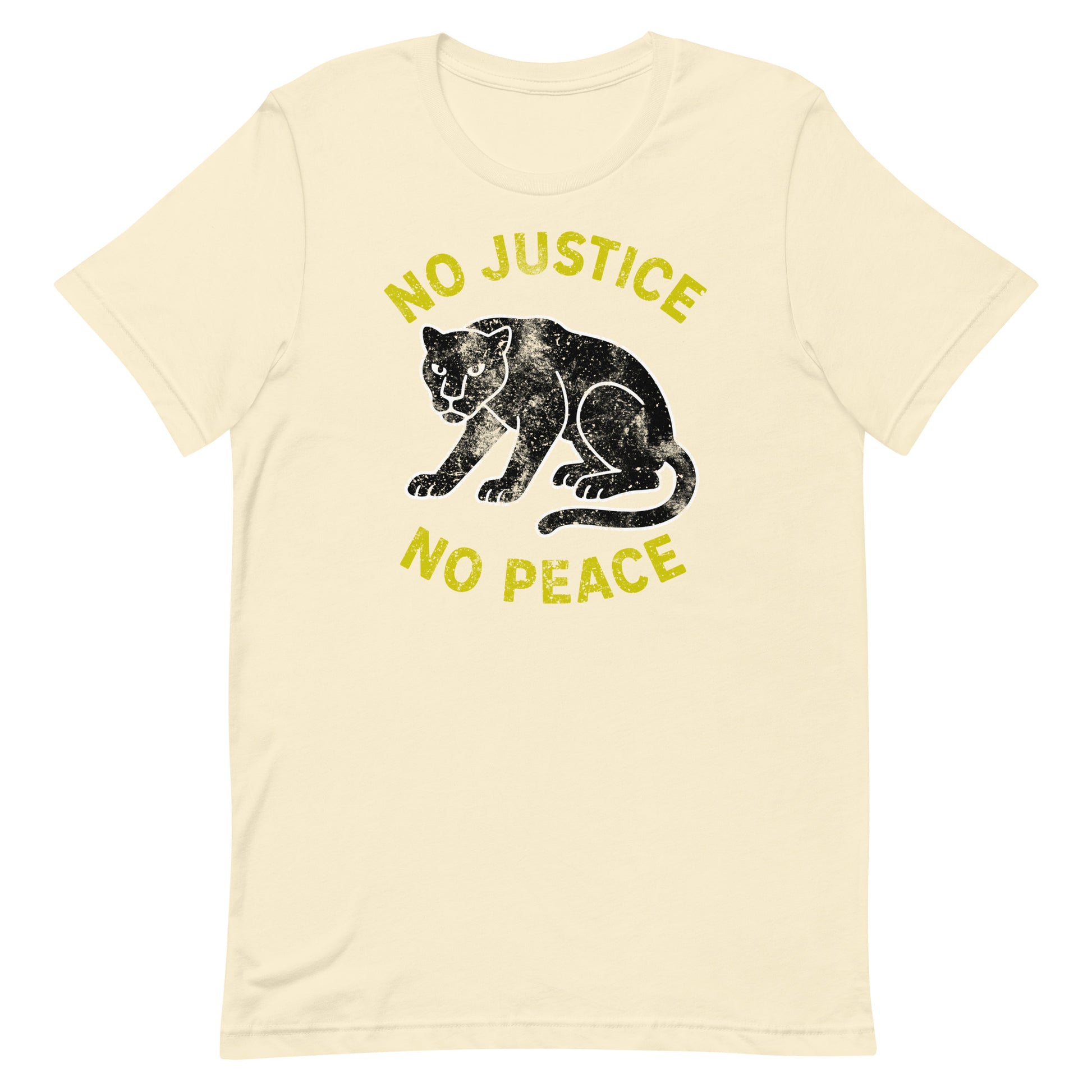 Cream unisex t-shirt featuring “NO JUSTICE NO PEACE” and a distressed panther illustration. Justice-focused activist clothing.