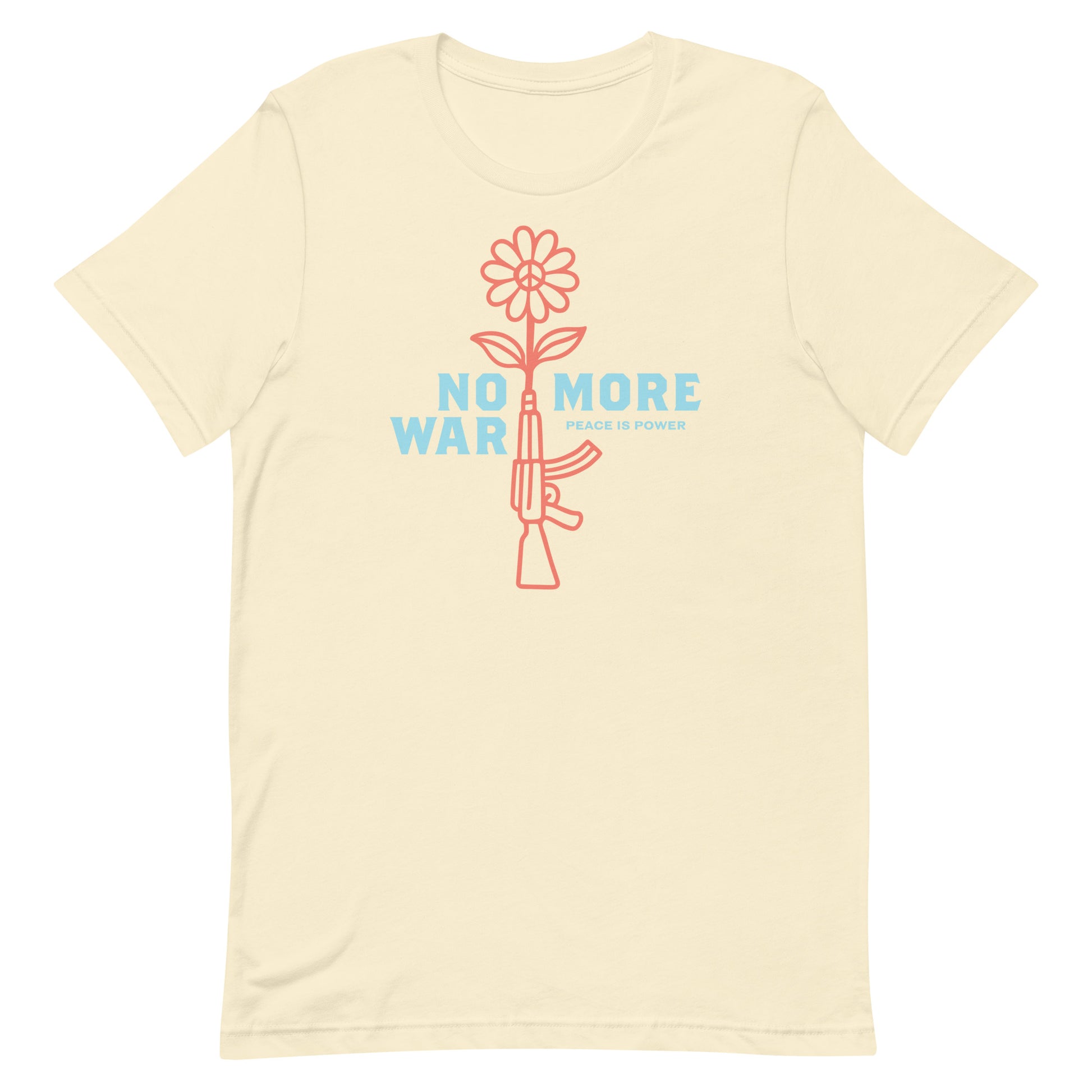 Cream-colored unisex t-shirt with minimalist rifle blooming into flower graphic and anti-war phrase on front.