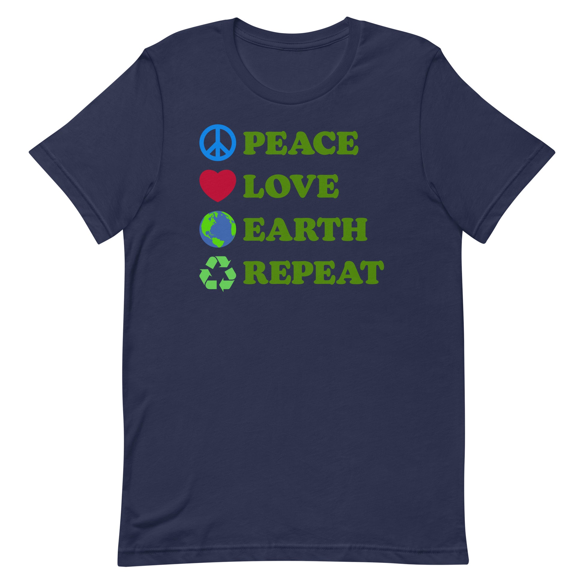 Front View Image: Peace Love Earth Repeat t-shirt displayed flat with full front graphic