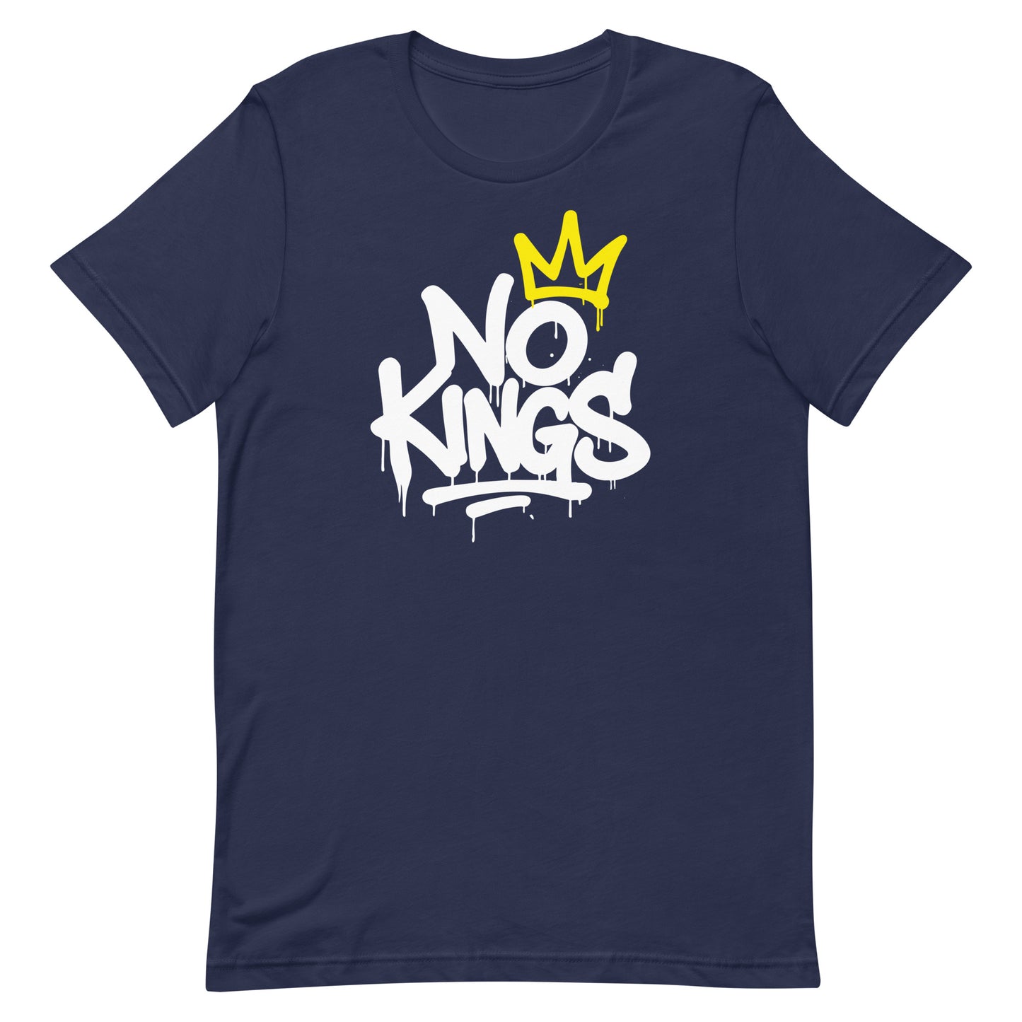 Front View Image: Front view of No Kings in America protest t-shirt with bold graffiti text and yellow crown