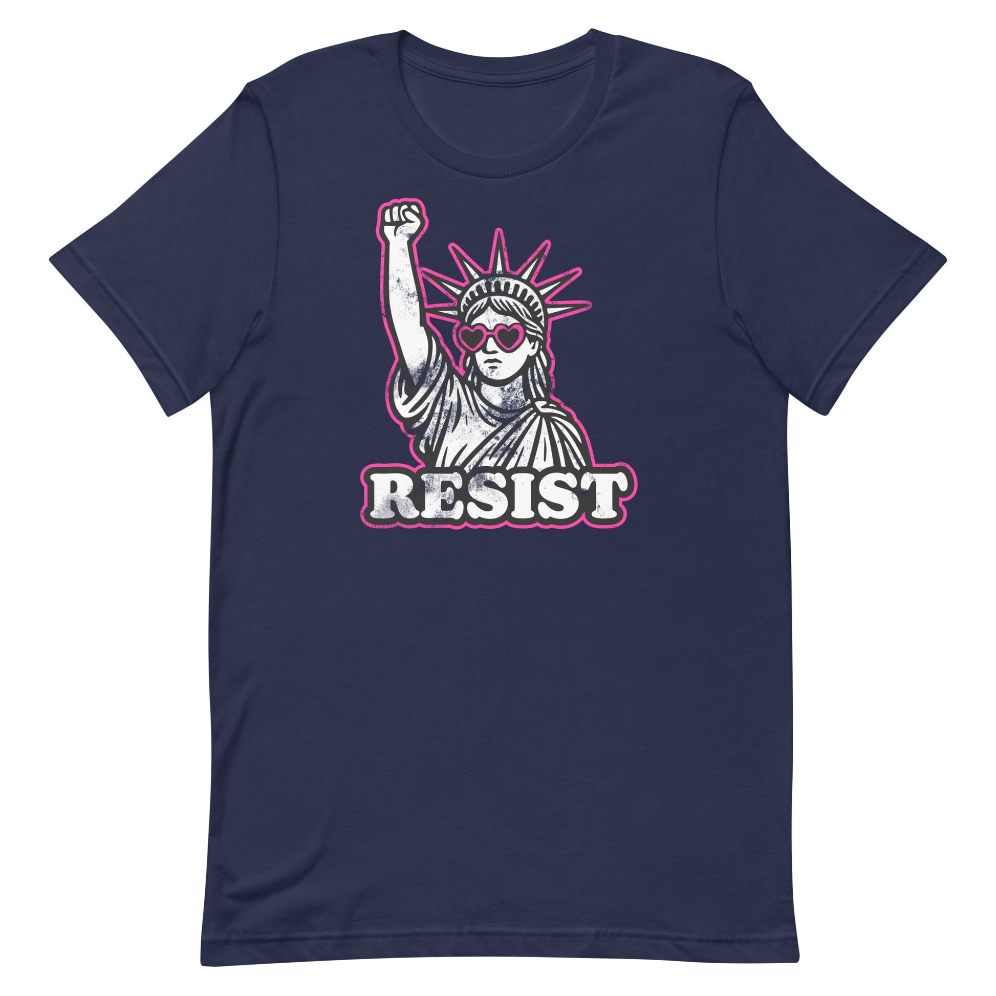 Front View Image: Front view of RESIST feminist t-shirt with raised fist Statue of Liberty and pink heart sunglasses