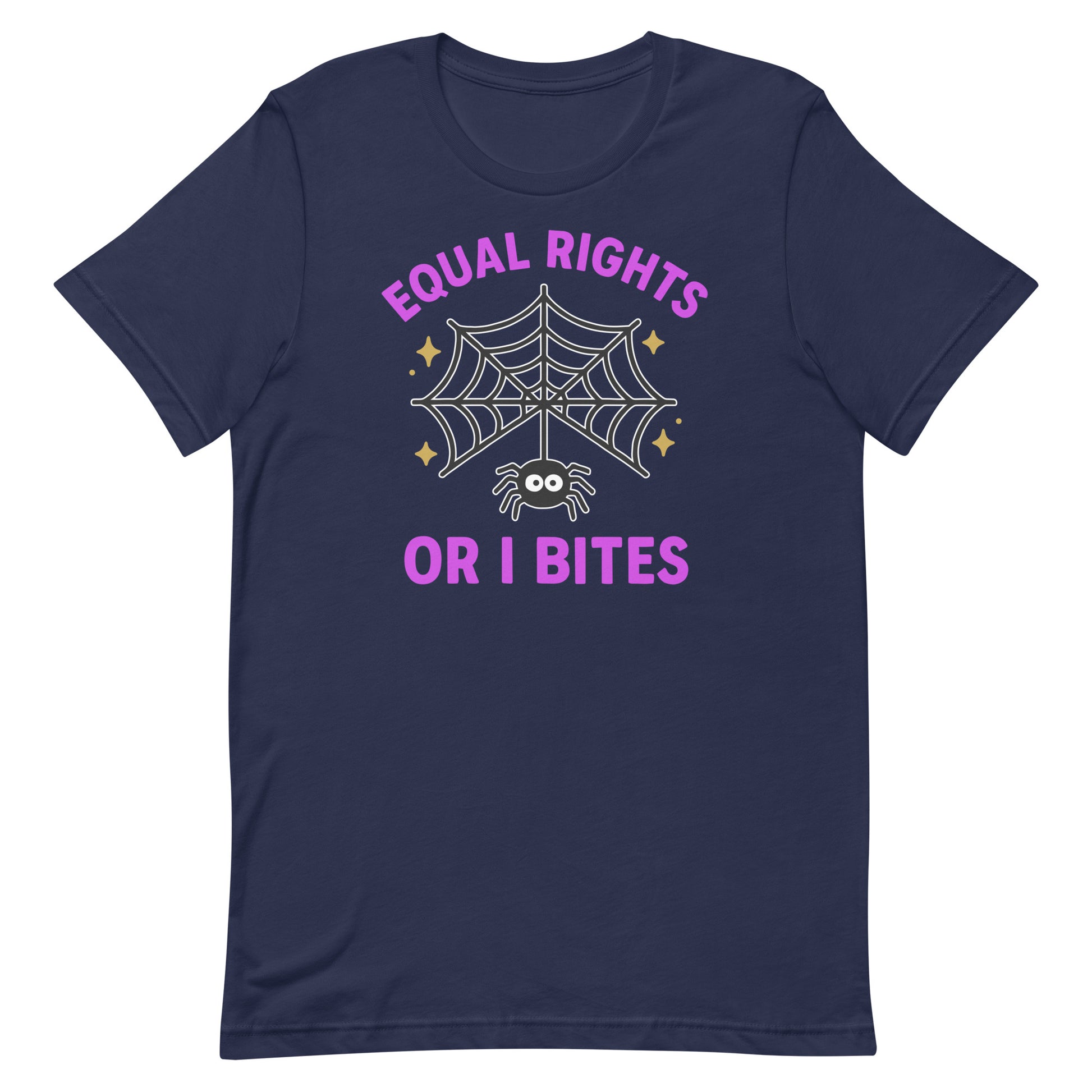 Navy “Equal Rights or I Bites” spider web graphic shirt, pro-equality Halloween design.