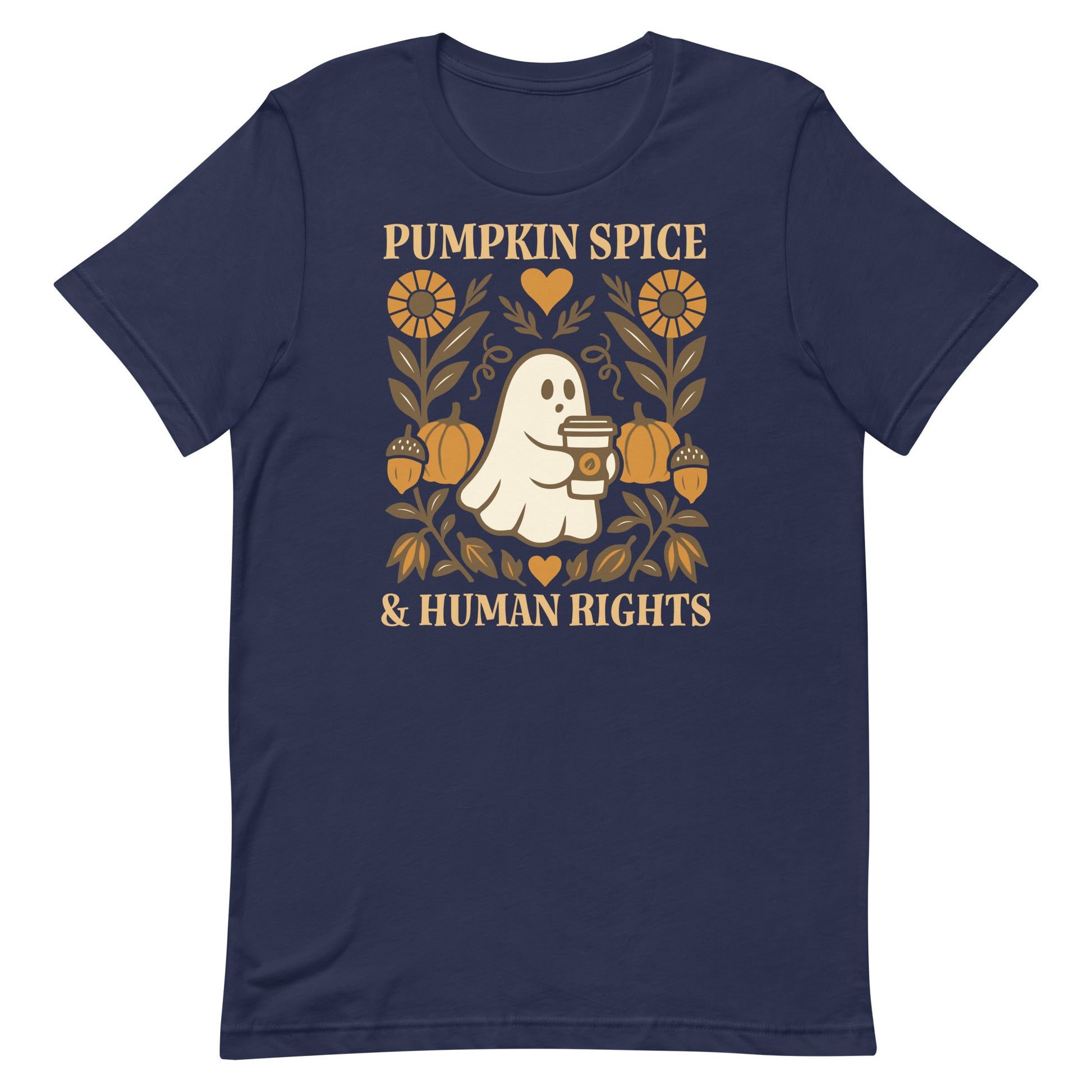 Navy “Pumpkin Spice & Human Rights” tee featuring whimsical ghost, pumpkins, and flowers in warm brown tones.