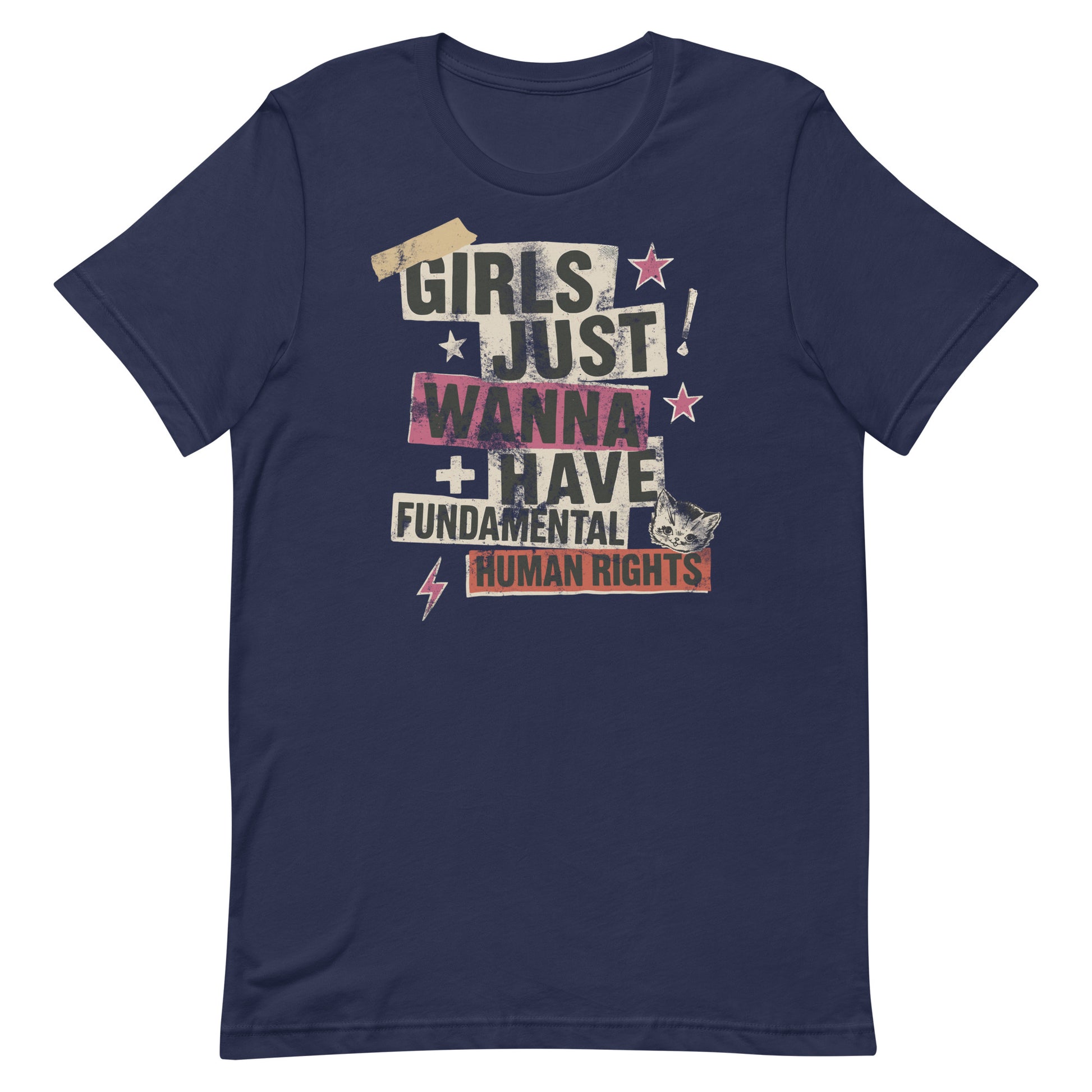 Navy unisex t-shirt with distressed punk-style collage print “Girls Just Wanna Have Fundamental Human Rights.” Feminist streetwear piece by Blue Wave USA.