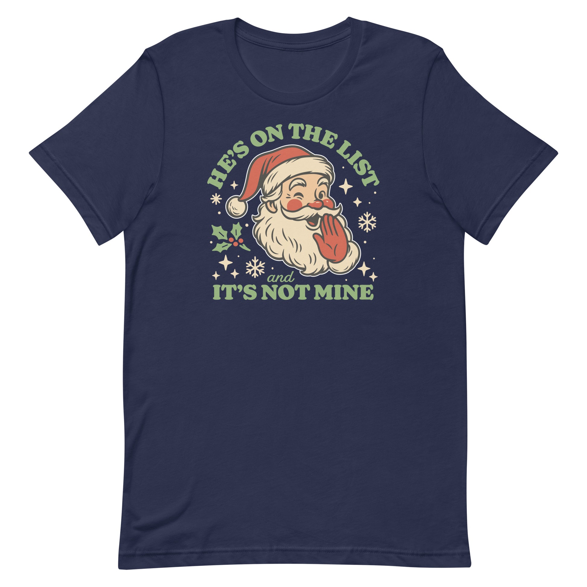 Navy blue tee featuring the full retro Santa design with snowflakes and the playful holiday slogan.