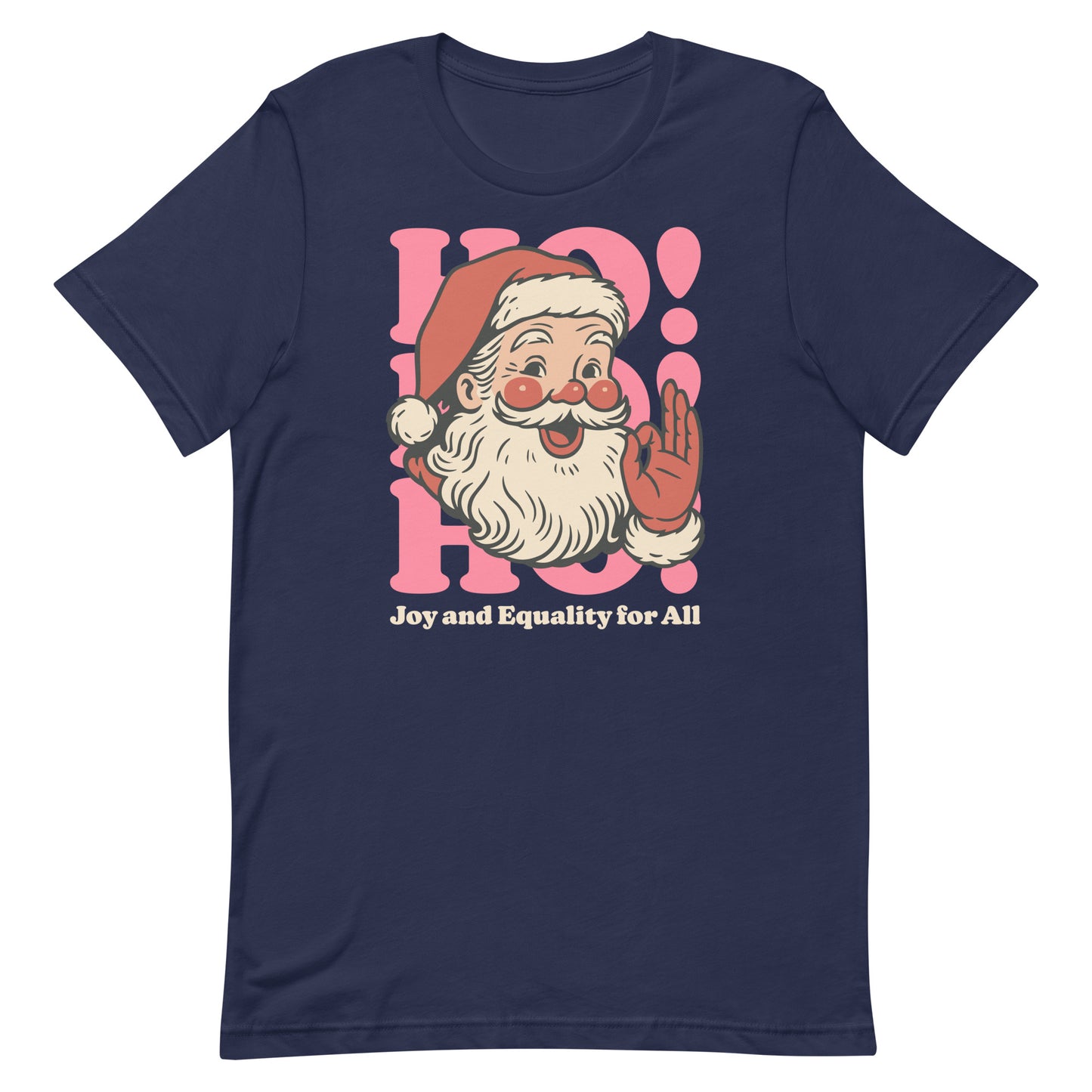 Navy t-shirt displaying the joyful Santa illustration surrounded by retro circles with the text “Joy and Equality for All.”