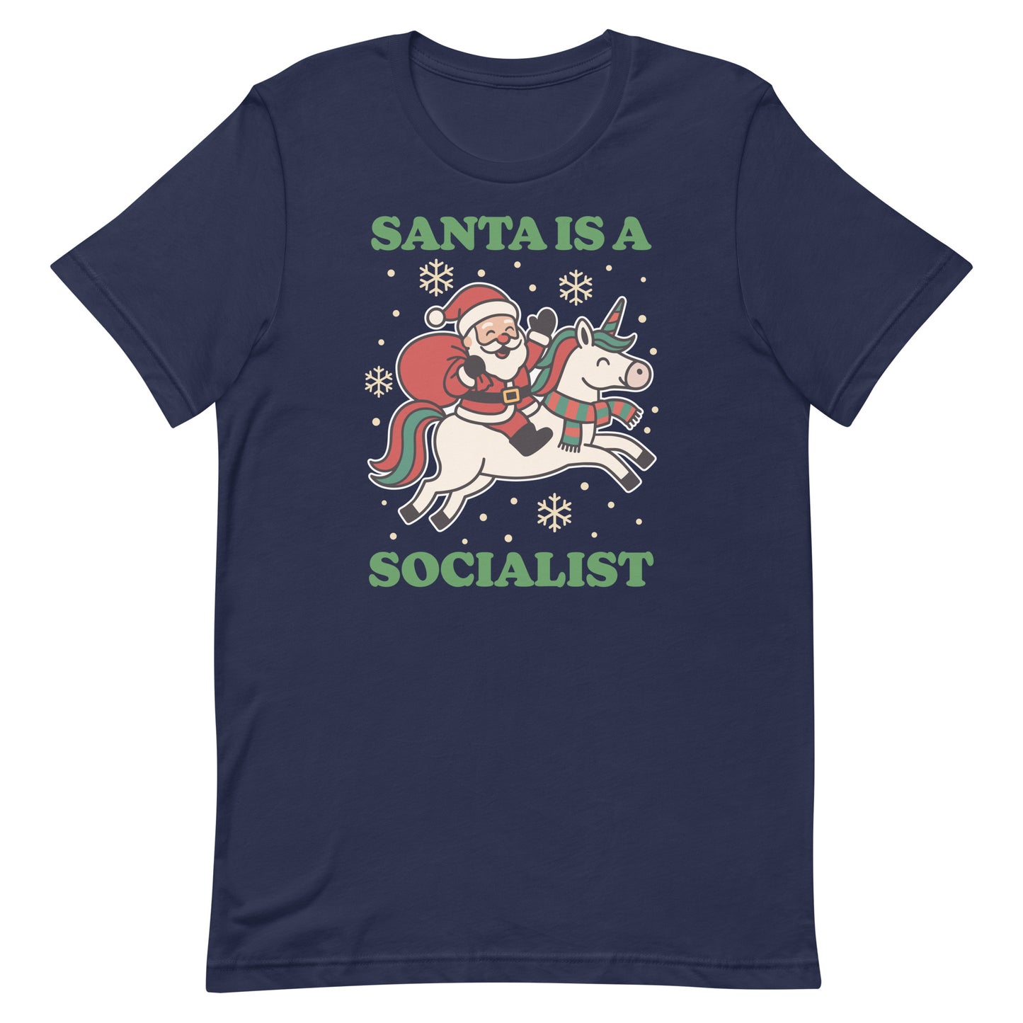 Navy t-shirt featuring a vintage Santa riding a unicorn with holiday stars and the printed message “SANTA IS A SOCIALIST,” designed by Blue Wave USA.