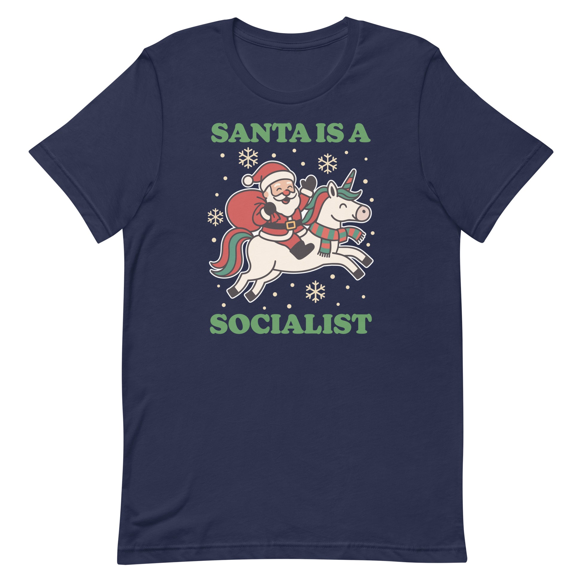 Navy t-shirt featuring a vintage Santa riding a unicorn with holiday stars and the printed message “SANTA IS A SOCIALIST,” designed by Blue Wave USA.