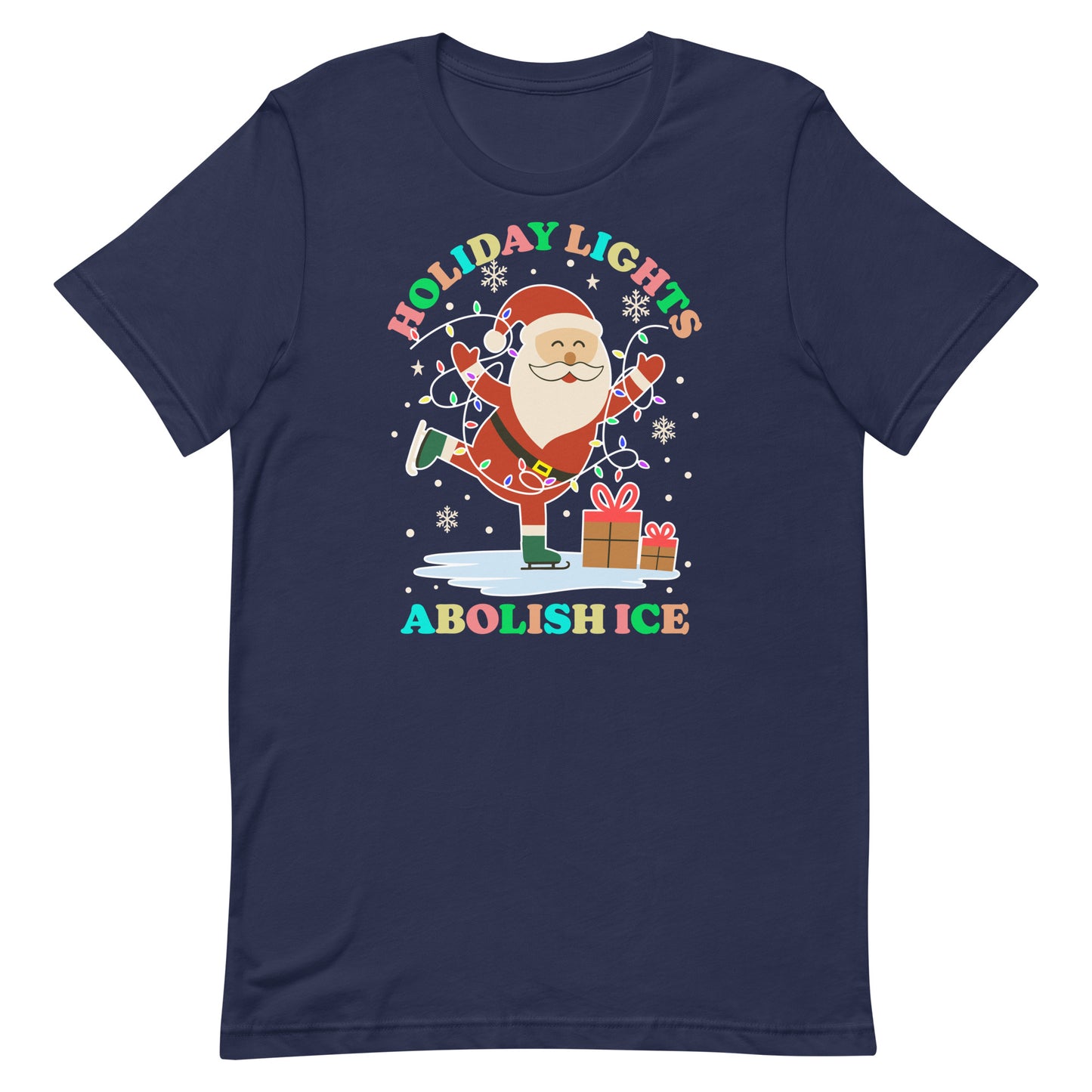 Navy crewneck t-shirt with a festive design of Santa carrying gifts surrounded by colorful holiday lights and snowflakes, with the text “HOLIDAY LIGHTS ABOLISH ICE.”