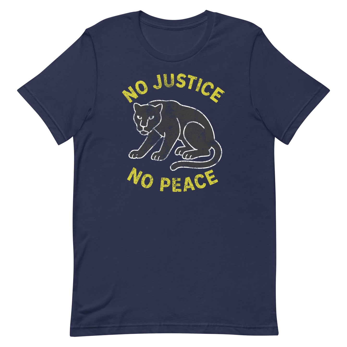 Navy unisex t-shirt with “NO JUSTICE NO PEACE” and a distressed panther illustration. Progressive tee supporting justice-focused expression.