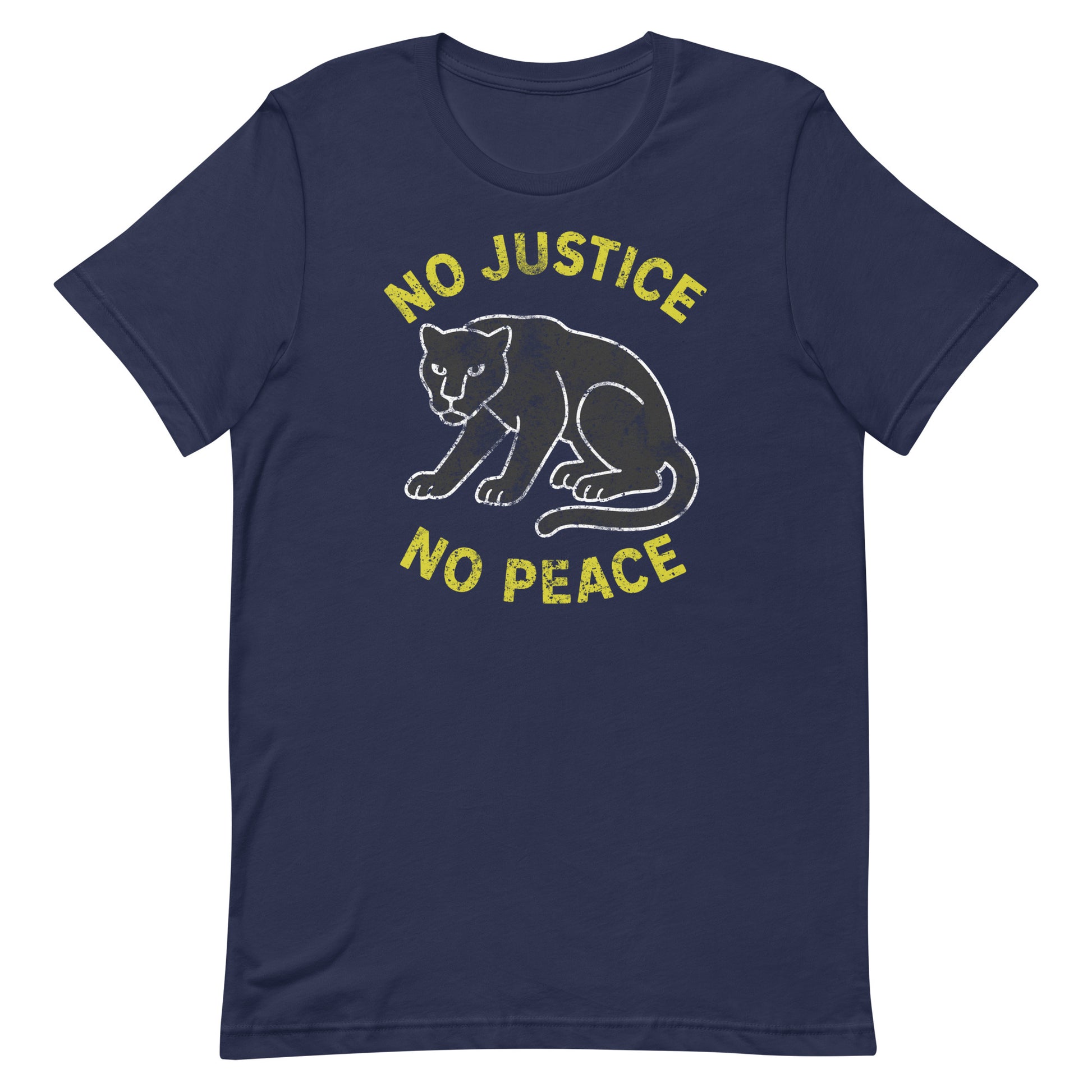 Navy unisex t-shirt with “NO JUSTICE NO PEACE” and a distressed panther illustration. Progressive tee supporting justice-focused expression.