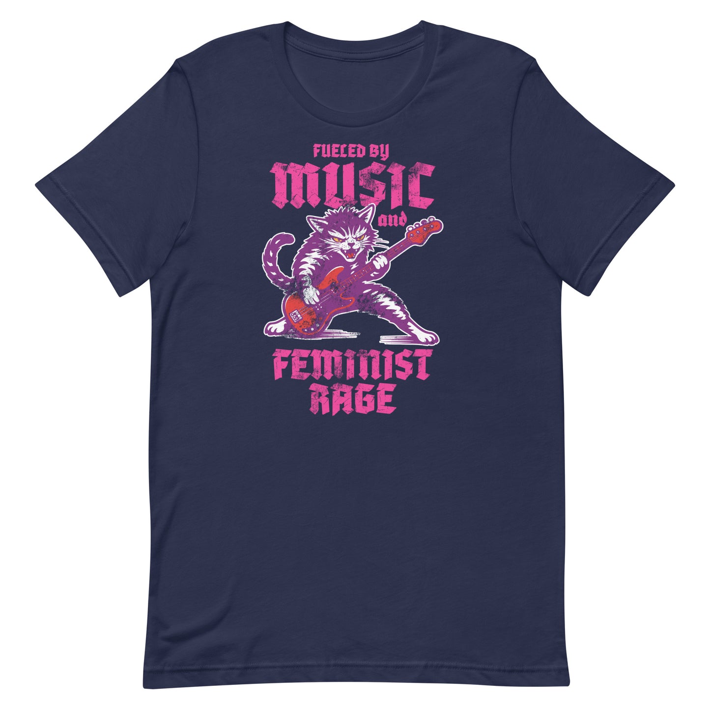 Navy unisex t-shirt displayed flat, featuring a punk rock cat playing electric guitar with bold lettering reading “FUELED BY MUSIC AND FEMINIST RAGE,” centered activist design from Blue Wave USA.