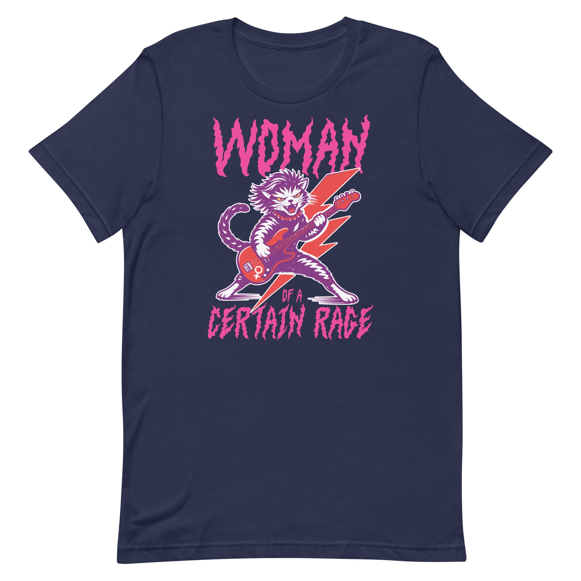 Navy unisex t-shirt displayed flat, featuring a punk rock cat playing electric guitar with distressed lettering reading “WOMAN OF A CERTAIN RAGE,” centered activist design.