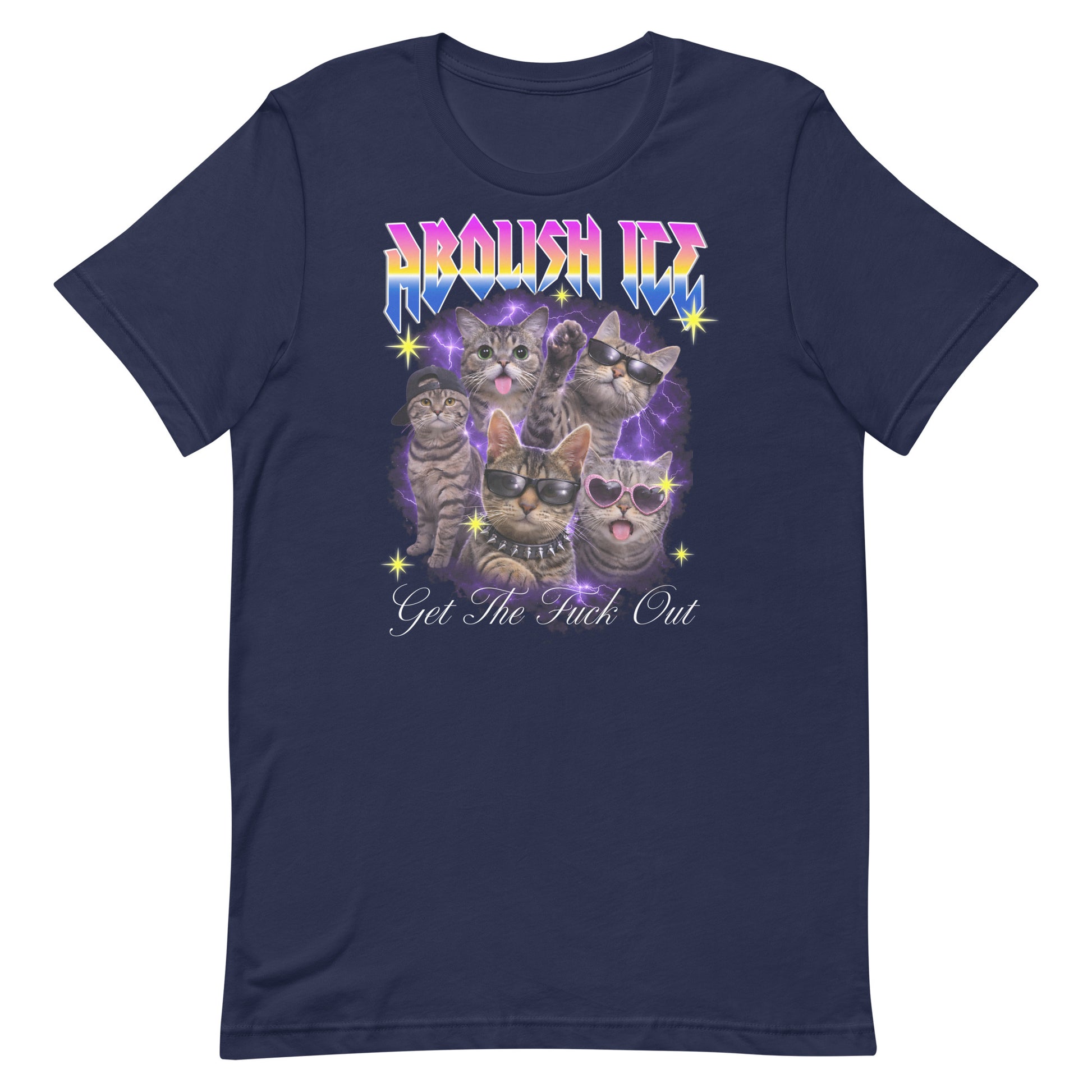 Navy unisex t-shirt with illustrated cats, electric lightning background, rainbow “ABOLISH ICE” lettering, and script text “Get The Fuck Out,” protest apparel by Blue Wave USA.
