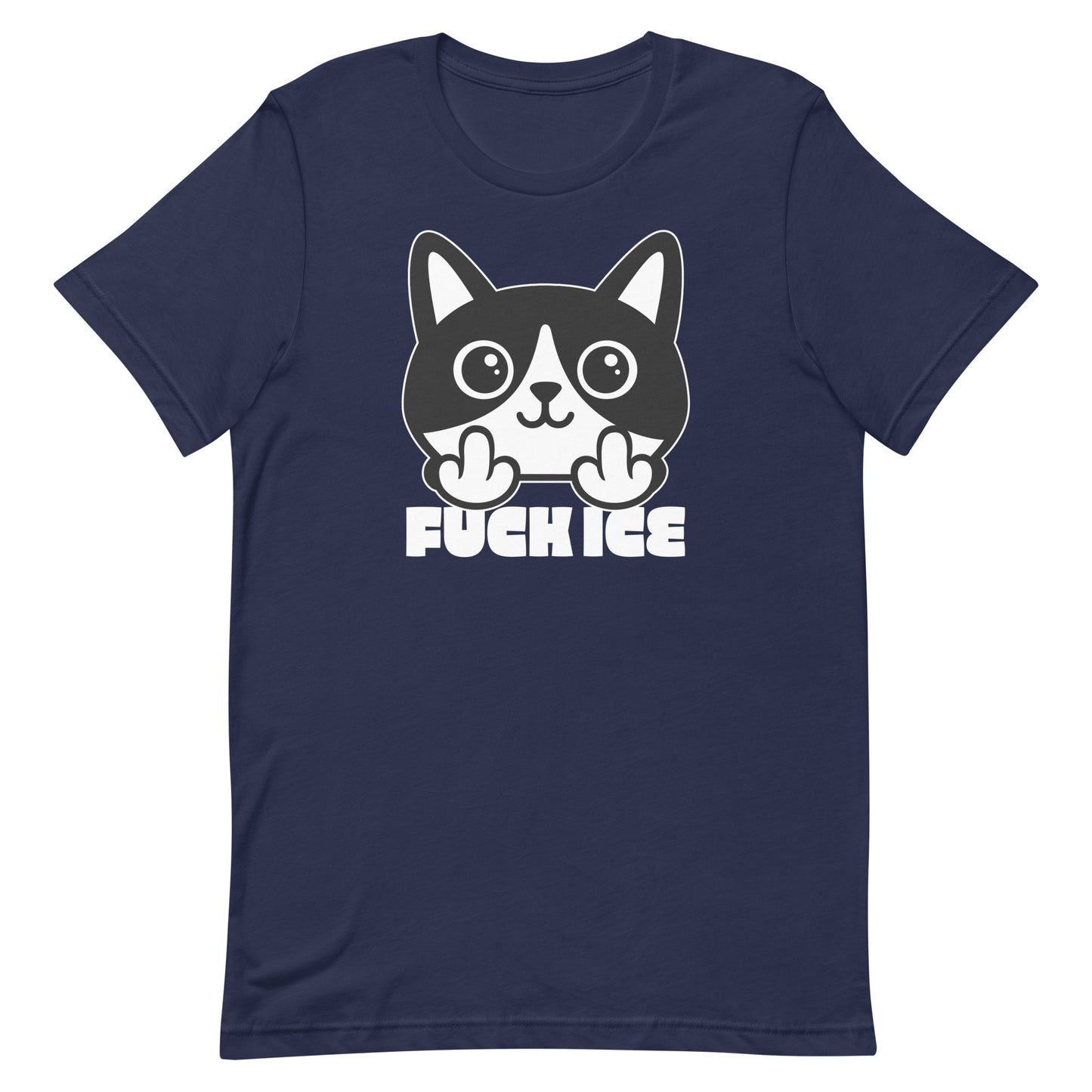 Navy blue t-shirt with bold graphic cartoon cat flipping the middle finger, thick white line art, centered layout, printed message “FUCK ICE,” dark blue garment color.