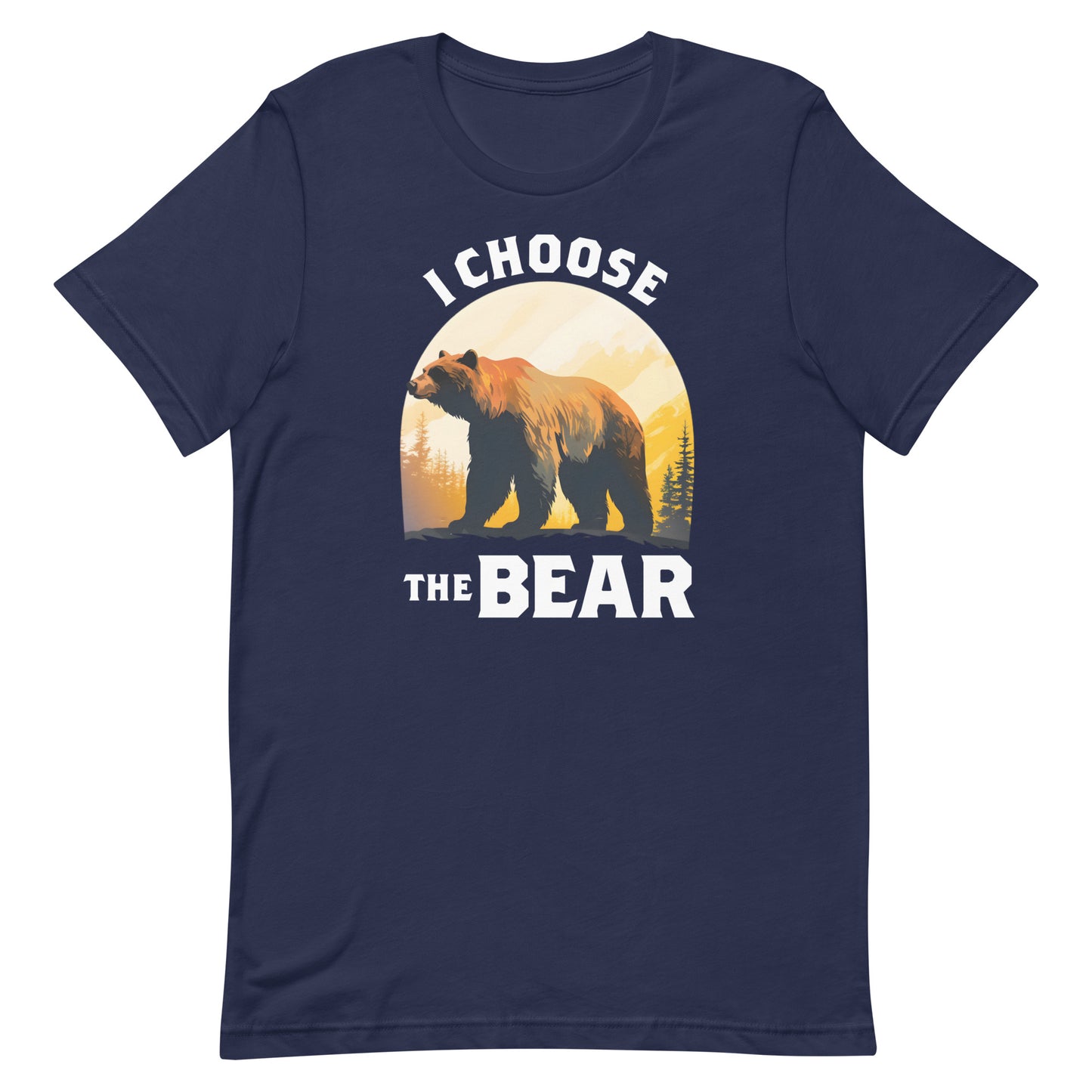 Navy blue unisex t-shirt featuring bear illustration in sunset circle with phrase “I Choose The Bear,” feminist activist apparel.