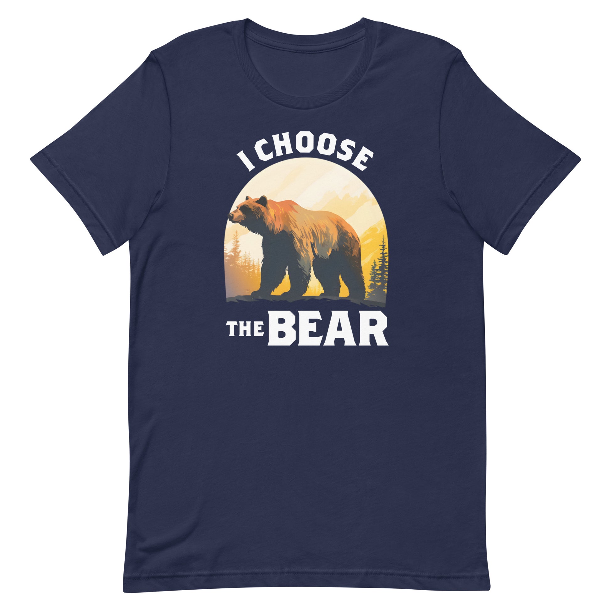 Navy blue unisex t-shirt featuring bear illustration in sunset circle with phrase “I Choose The Bear,” feminist activist apparel.