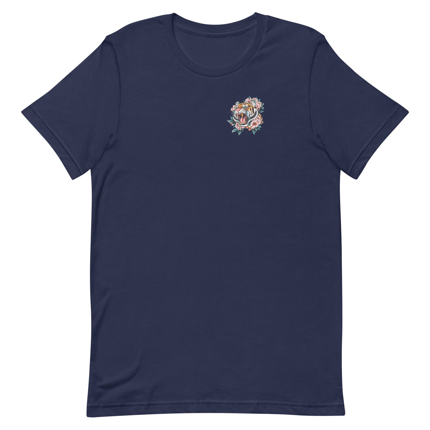 Navy blue unisex t-shirt featuring small tiger emblem on front chest, coordinating artwork for “Women Don’t Owe You Sh*t” women’s empowerment design.