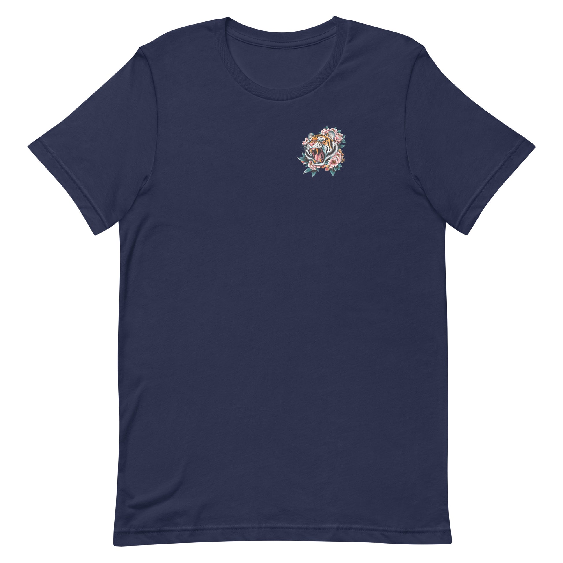 Navy blue unisex t-shirt featuring small tiger emblem on front chest, coordinating artwork for “Women Don’t Owe You Sh*t” women’s empowerment design.