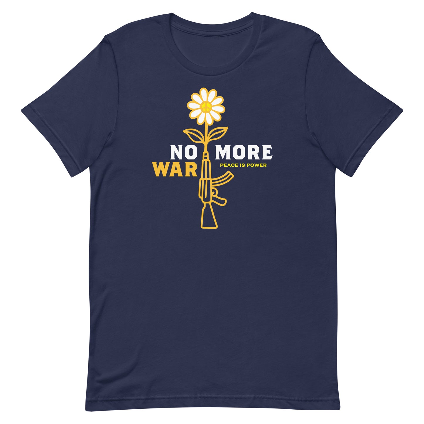 Navy unisex t-shirt showcasing flower rising from rifle barrel with “NO MORE WAR” text in clean, modern layout.